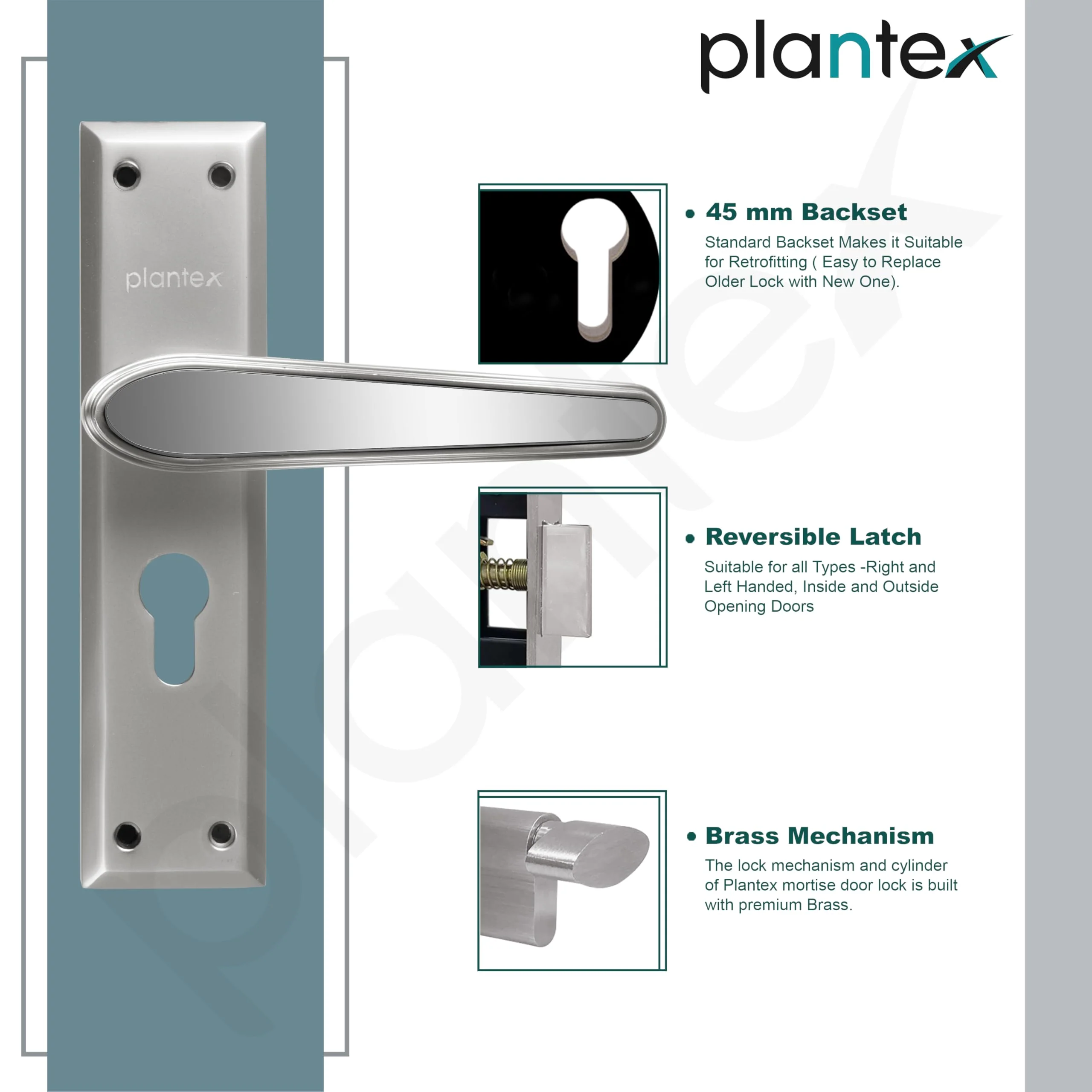 Plantex Heavy-Duty Door Lock Set - Main Door Lock Plate Handle Set/6-Lever Mechanism Mortise Locks with 3 Keys/Brass Locks Body & Cylinder (PTP-09-Satin & CP) - Image 6