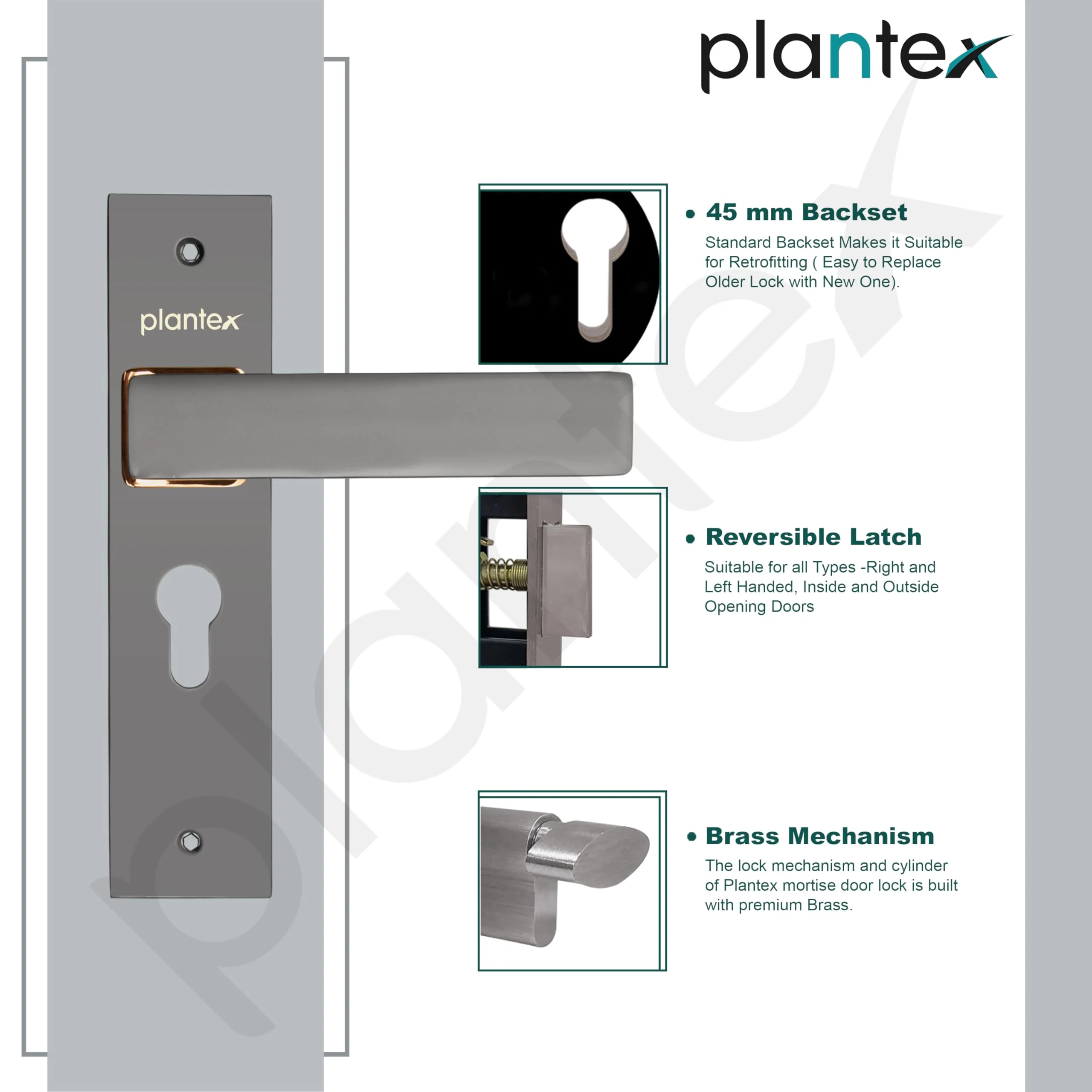 Plantex Heavy-Duty Door Lock Set - Main Door Locks Handle Set/ 6-Lever Mechanism with 3 Years of Warranty/Mortise Locks with 3 Keys, Brass Lock Body & Cylinder(8116 - Satin Black & PVD Choco) - Image 4