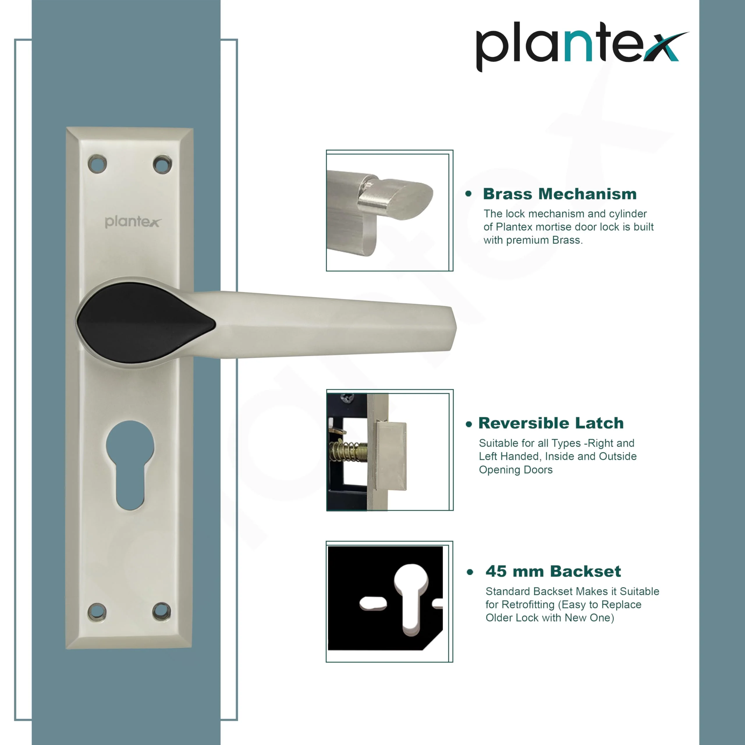 Plantex Heavy-Duty Main Door Lock Set/Door Handle Lock/6-Lever Lock Mechanism Mortise Lock with 3 Keys/Brass Lock Body & Cylinder (PTP-07, Satin & Black) - Image 4