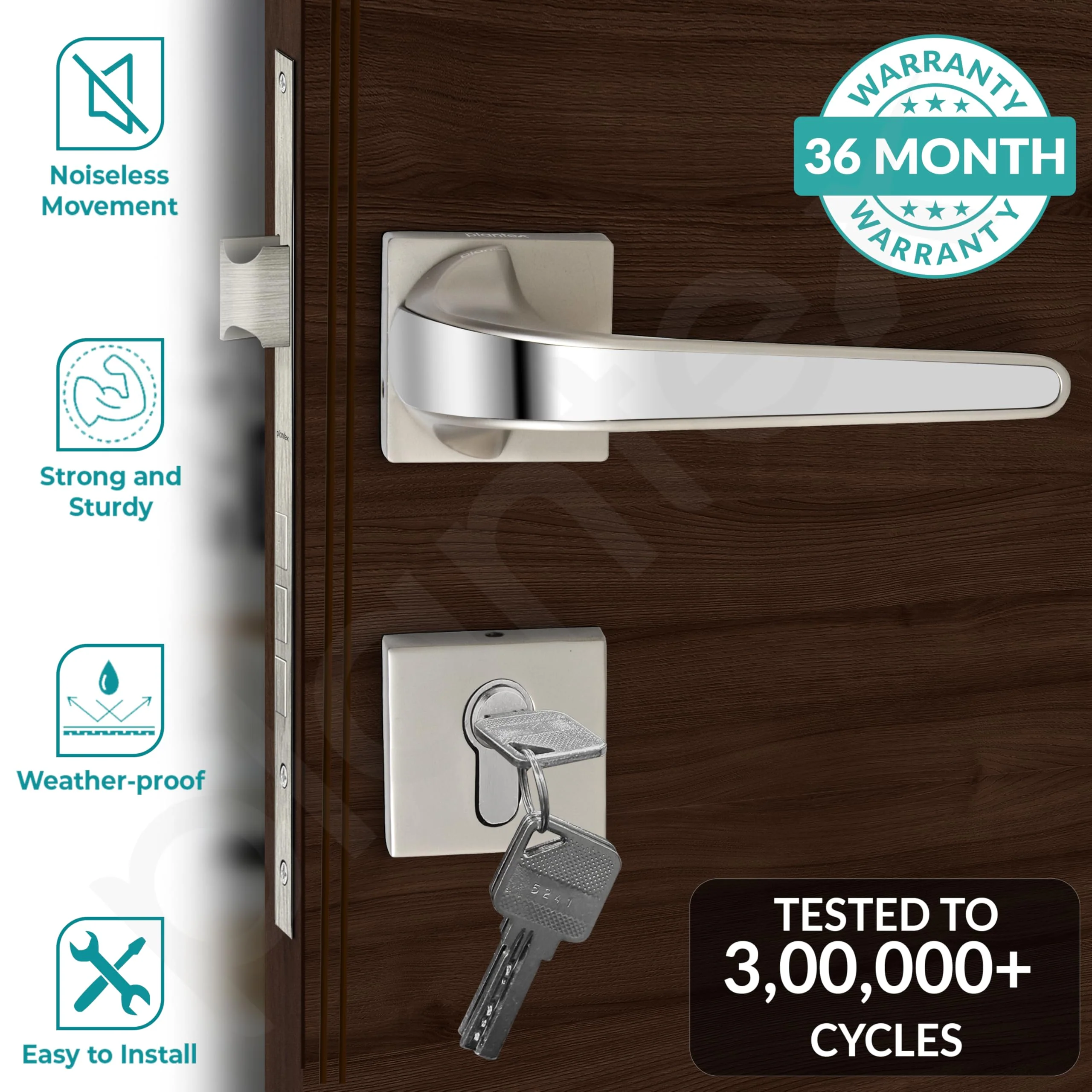 Plantex Heavy Duty Mortise Door Lock for Home/Door Lock for Main Door/Office/Hotel-3 Brass Keys (7091 - Satin White & Chrome) - Image 2