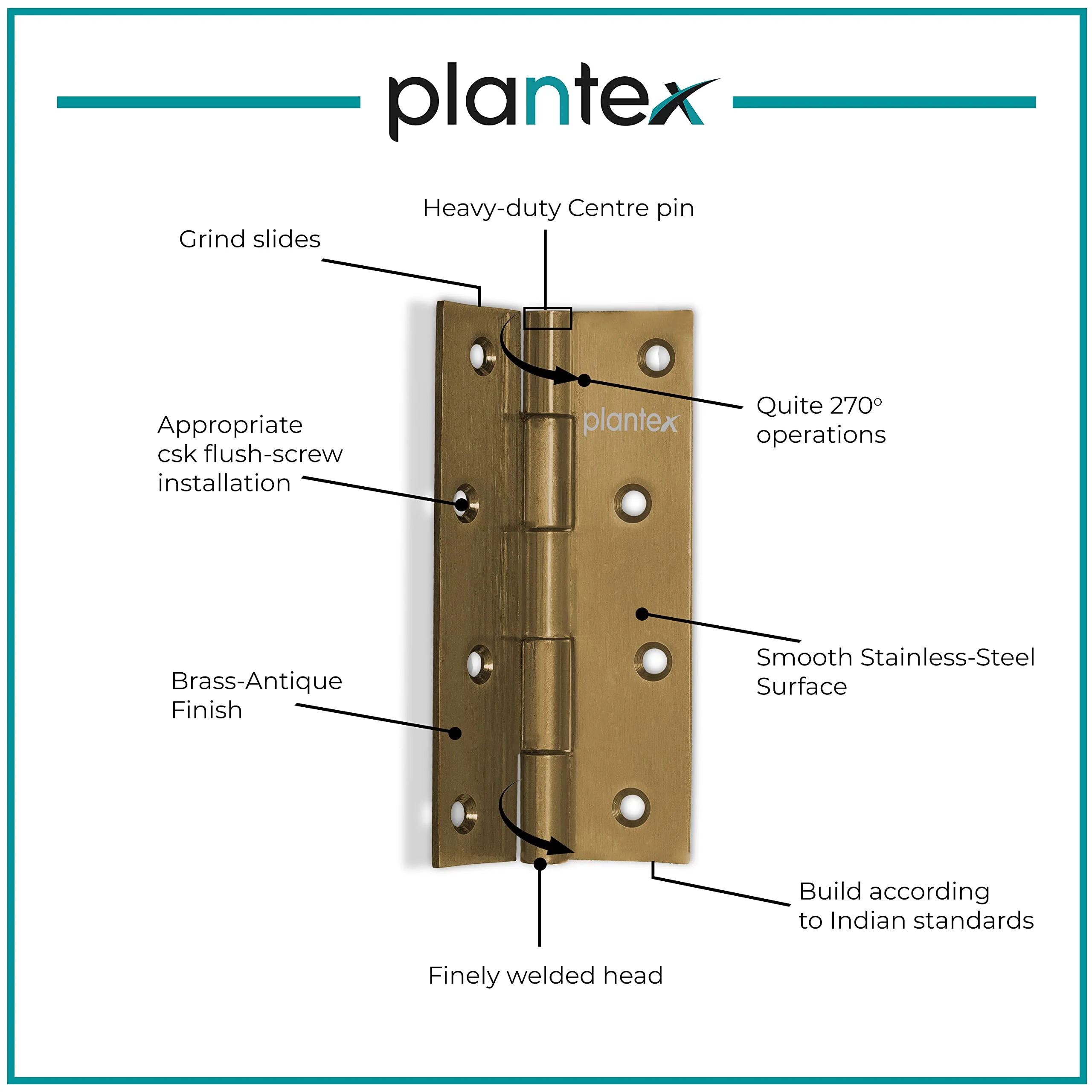 Plantex Heavy Duty Stainless Steel Door Butt Hinges 5 inch x 12 Gauge/2.5 mm Thickness Home/Office/Hotel for Main Door/Bedroom/Kitchen/Bathroom - Pack of 12 (Brass Antique) - Image 4