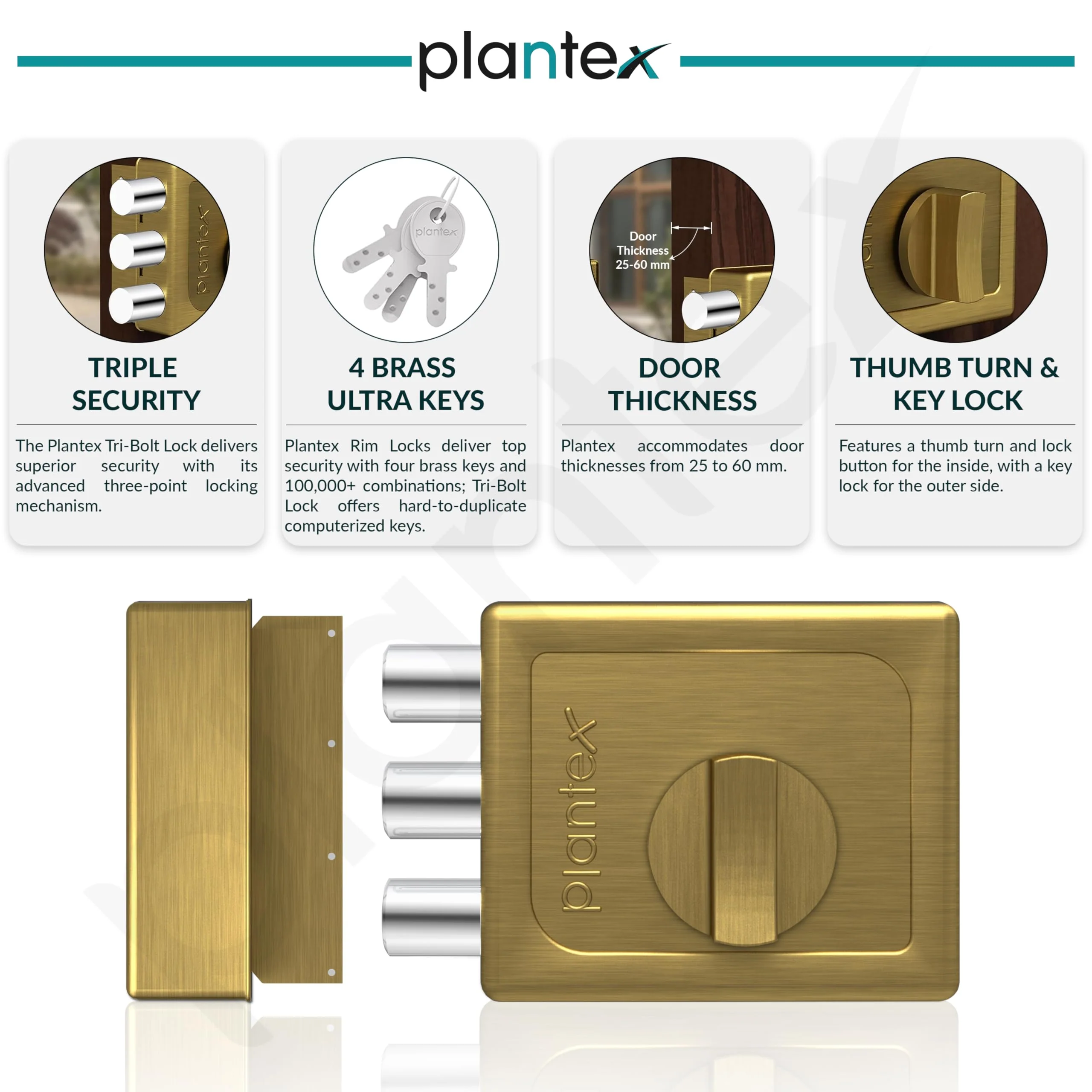 Plantex Heavy Duty Tri Bolt Keypad Lock with Key & Knob for Main Door/Suitable on Single Door for Home,Office,Hotel (Brass Antique) - Image 4