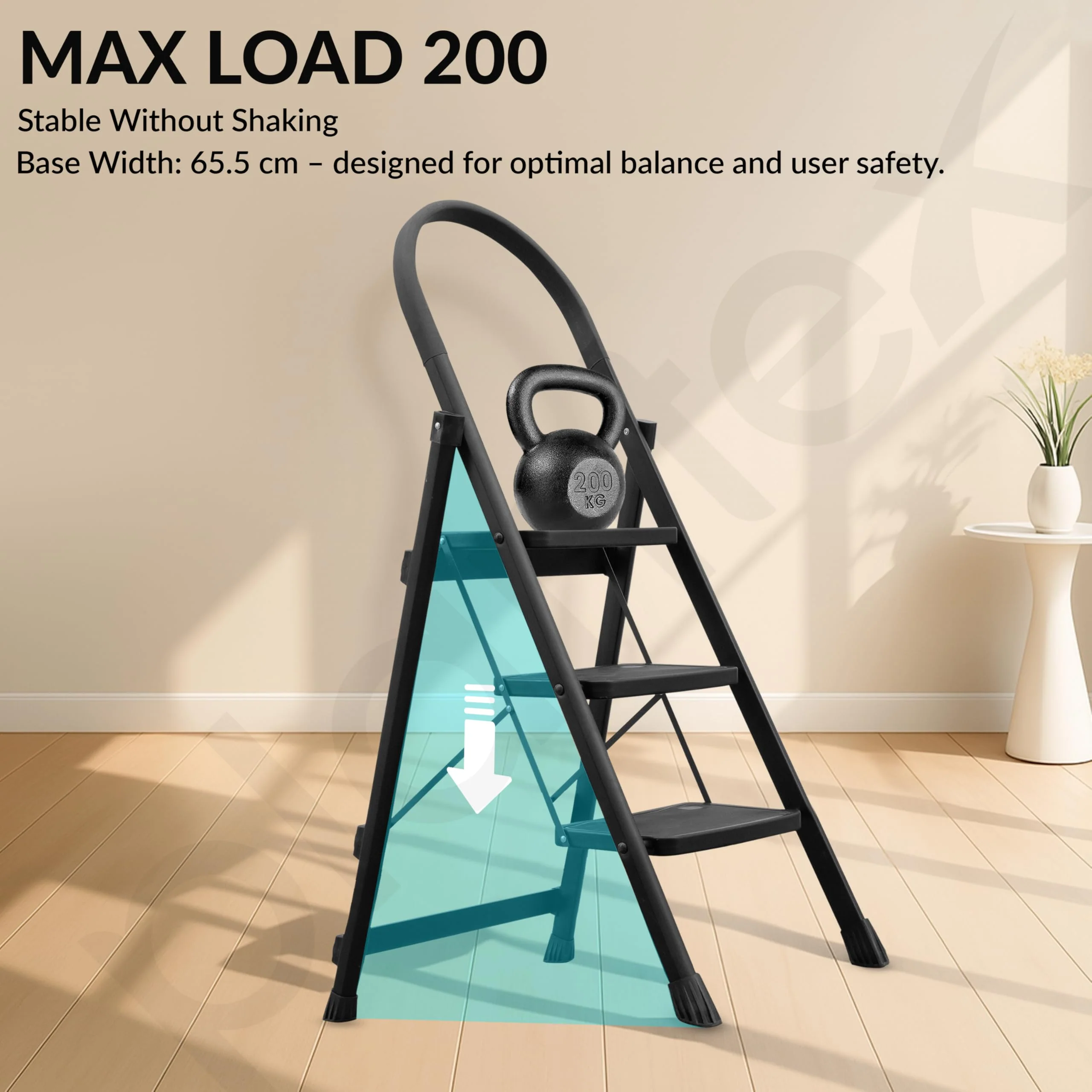 Plantex Hercules Pro 3-Step Foldable Ladder for Home with 200 kg Load Capacity/Heavy-Duty GI Steel Ladder/Anti-Slip Wide Step/Strong, Stable & Multi-Purpose (Black) - Image 4