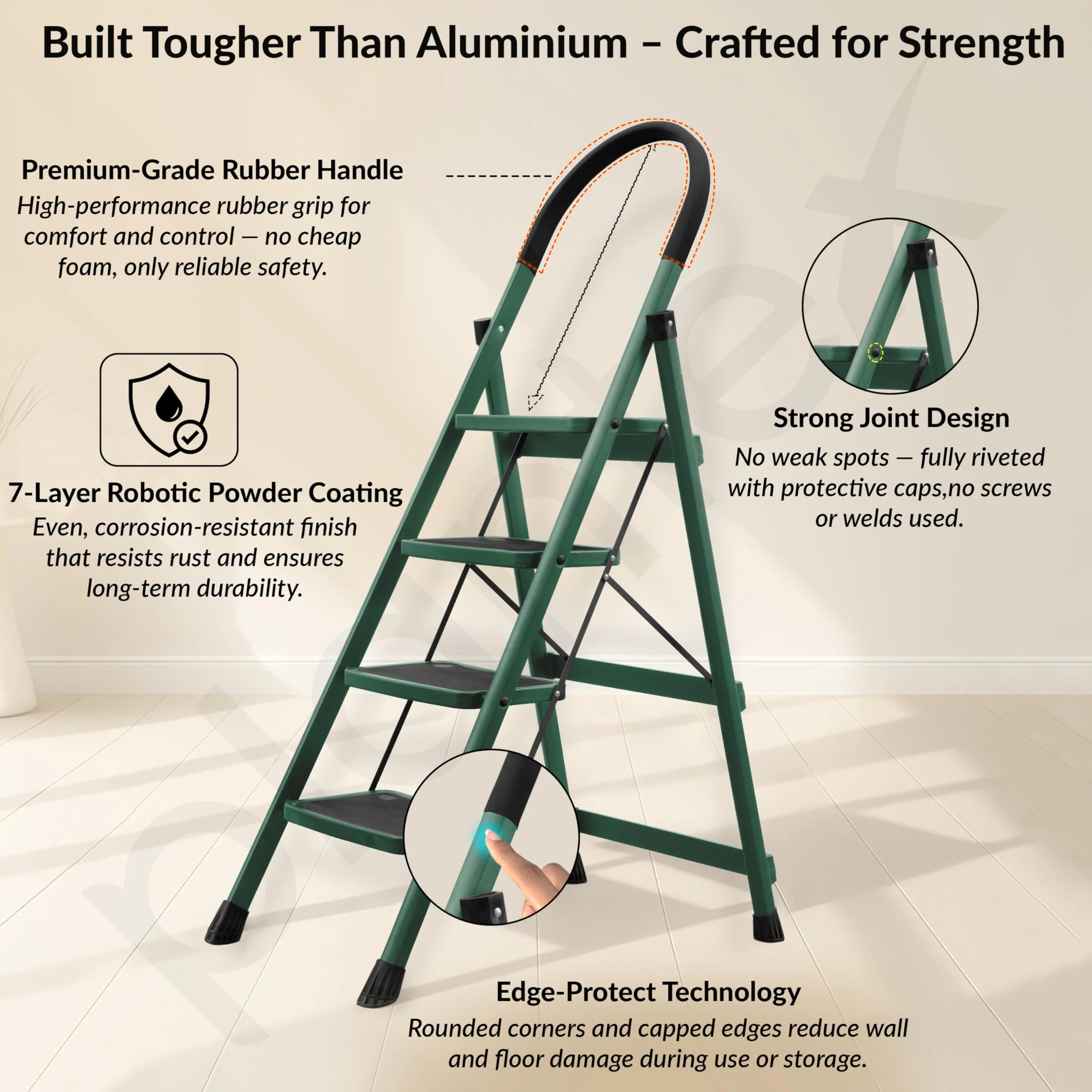 Plantex Hercules Pro 4-Step Foldable Ladder for Home with 200 kg Load Capacity/Heavy-Duty GI Steel Ladder/Anti-Slip Wide Step/Strong, Stable & Multi-Purpose (Green) - Image 2