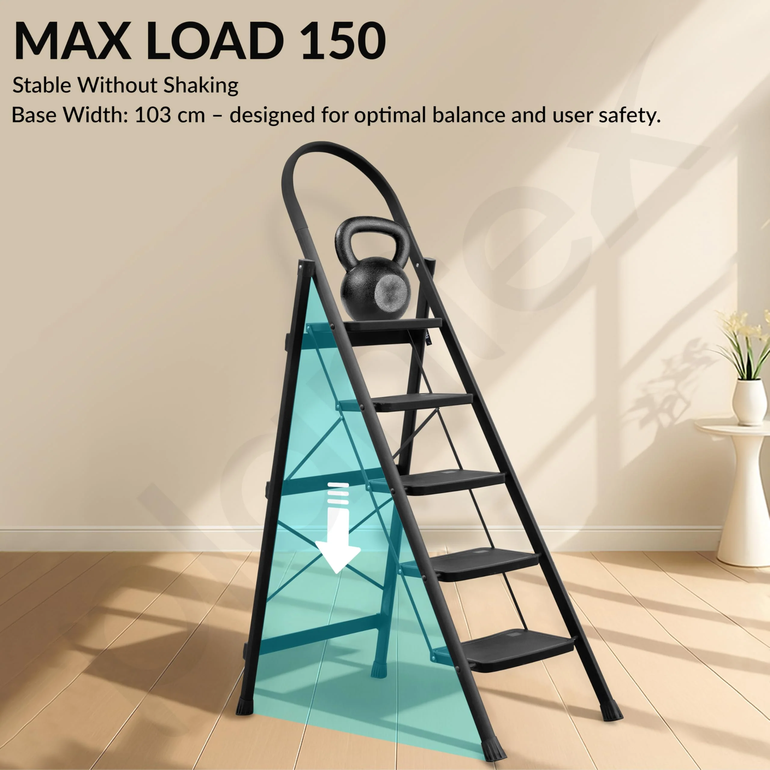 Plantex Hercules Pro 5-Step Foldable Ladder for Home with 200 kg Load Capacity/Heavy-Duty GI Steel Ladder/Anti-Slip Wide Step/Strong, Stable & Multi-Purpose (Black) - Image 4