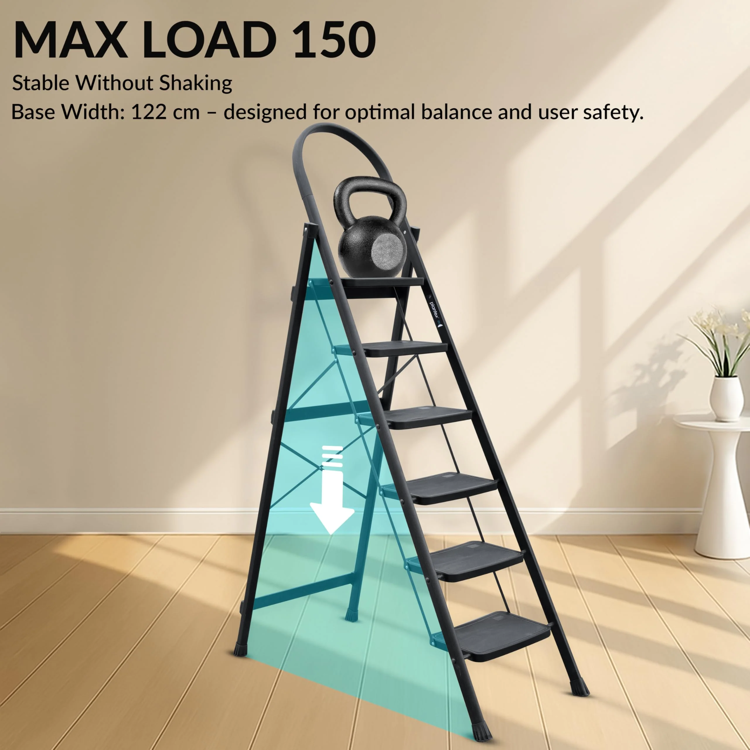 Plantex Hercules Pro 6-Step Foldable Ladder for Home with 200 kg Load Capacity/Heavy-Duty GI Steel Ladder/Anti-Slip Wide Step/Strong, Stable & Multi-Purpose (Black) - Image 4