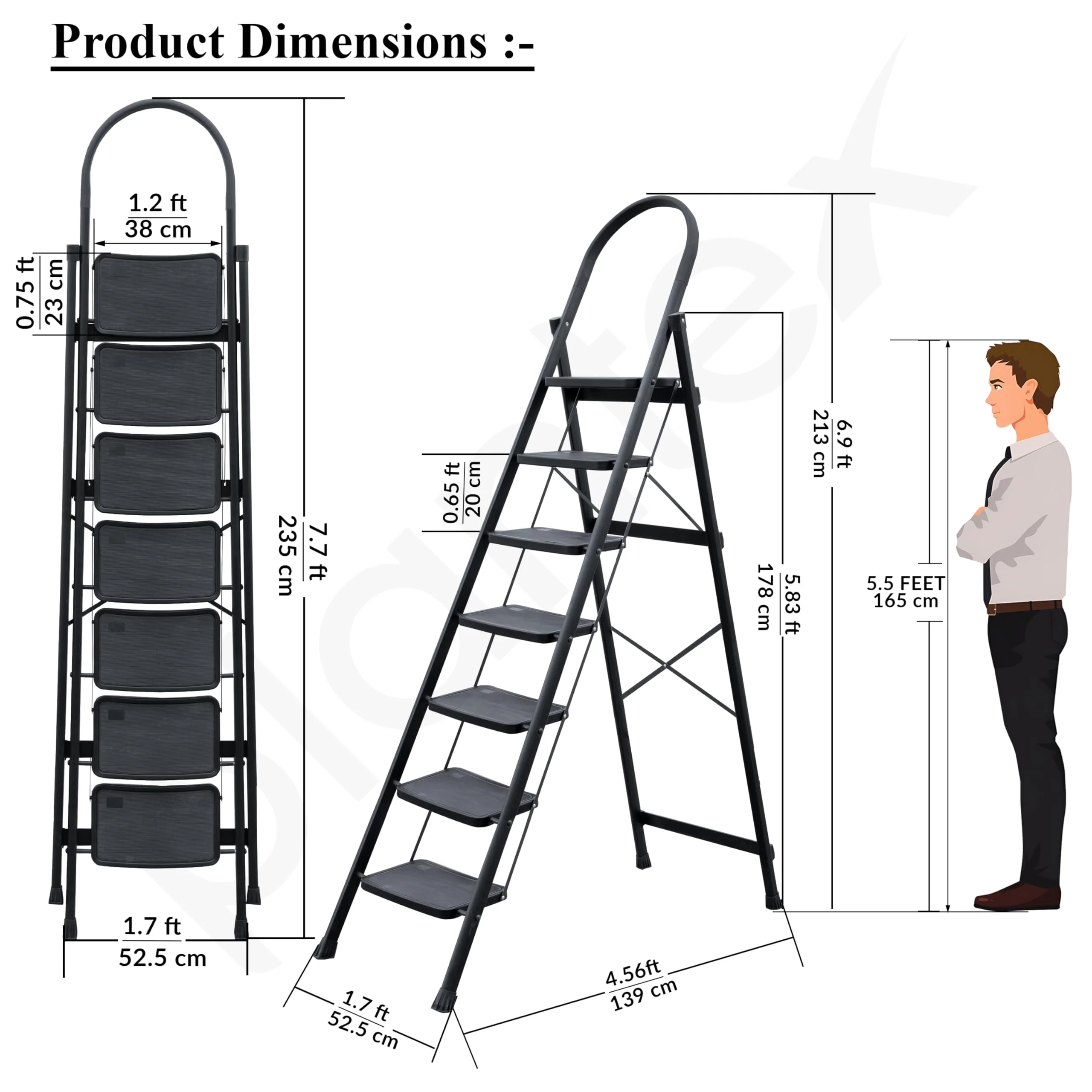 Plantex Hercules Pro 7-Step Foldable Ladder for Home with 200 kg Load Capacity/Heavy-Duty GI Steel Ladder/Anti-Slip Wide Step/Strong, Stable & Multi-Purpose (Black) - Image 3