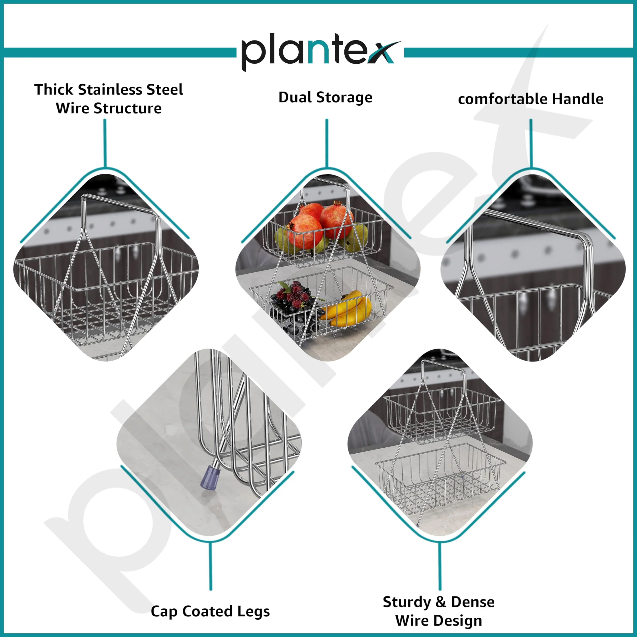 Plantex High Grade Steel 2-Tier Fruit & Vegetable Basket For Dining Table/Kitchen (Chrome), Countertop, Tiered Shelf - Image 4