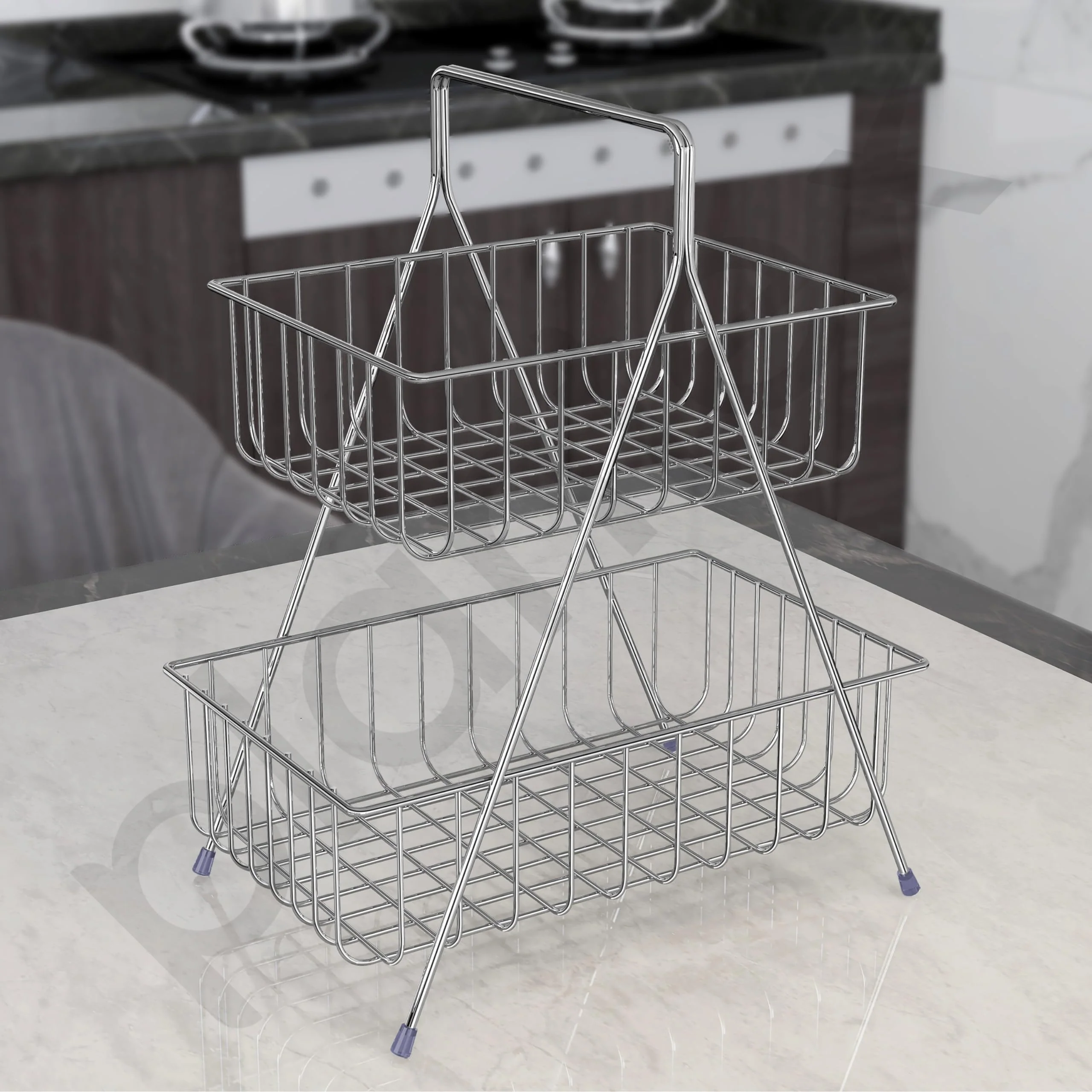 Plantex High Grade Steel 2-Tier Fruit & Vegetable Basket For Dining Table/Kitchen (Chrome), Countertop, Tiered Shelf - Image 7