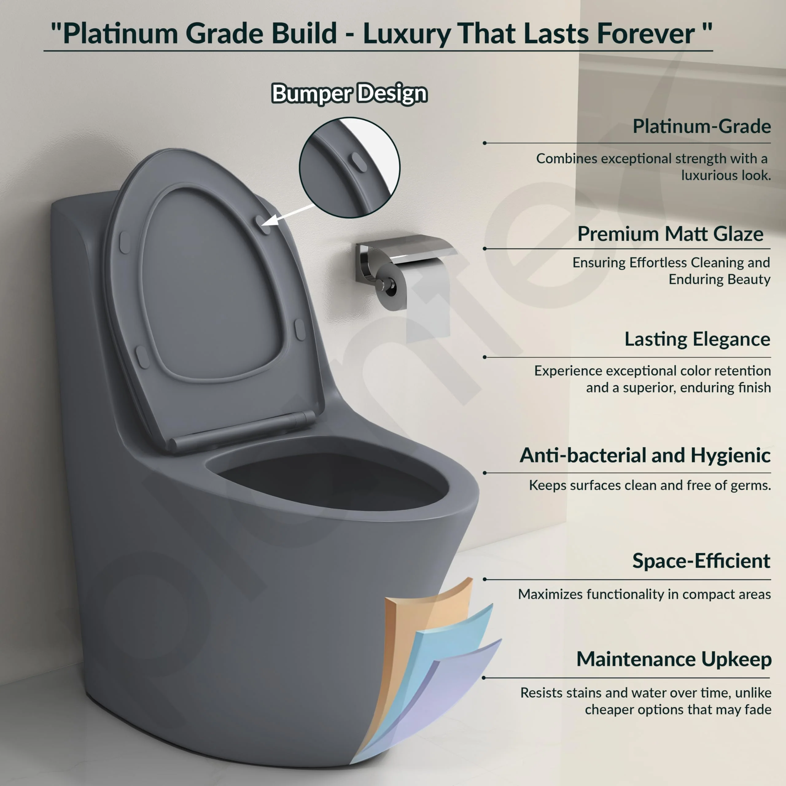 Plantex Imported Ceramic Commode/Rim Siphonic Vacuum Jet Flush Western Commode/One Piece Western Toilet with Soft Closing Toilet Seat - S Trap (Matt Grey) - Image 5