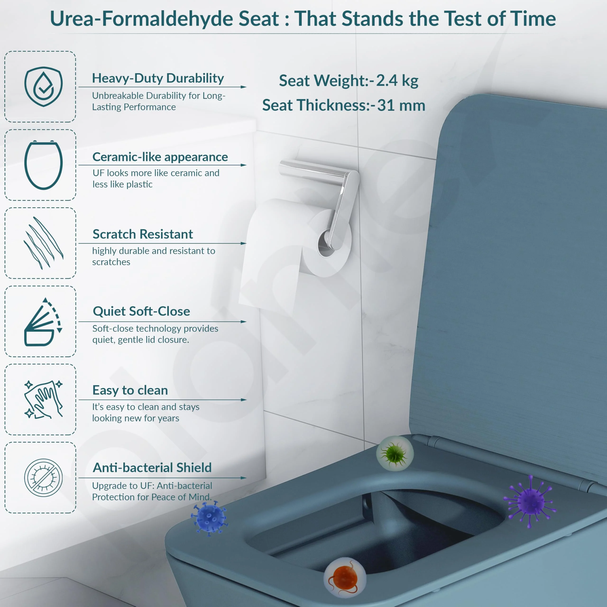 Plantex Imported Ceramic Commode/Western Toilet/Wall Hanging Commode for Bathroom with Soft Closing Toilet Seat Cover- P Trap (Harmony Blue) - Image 6