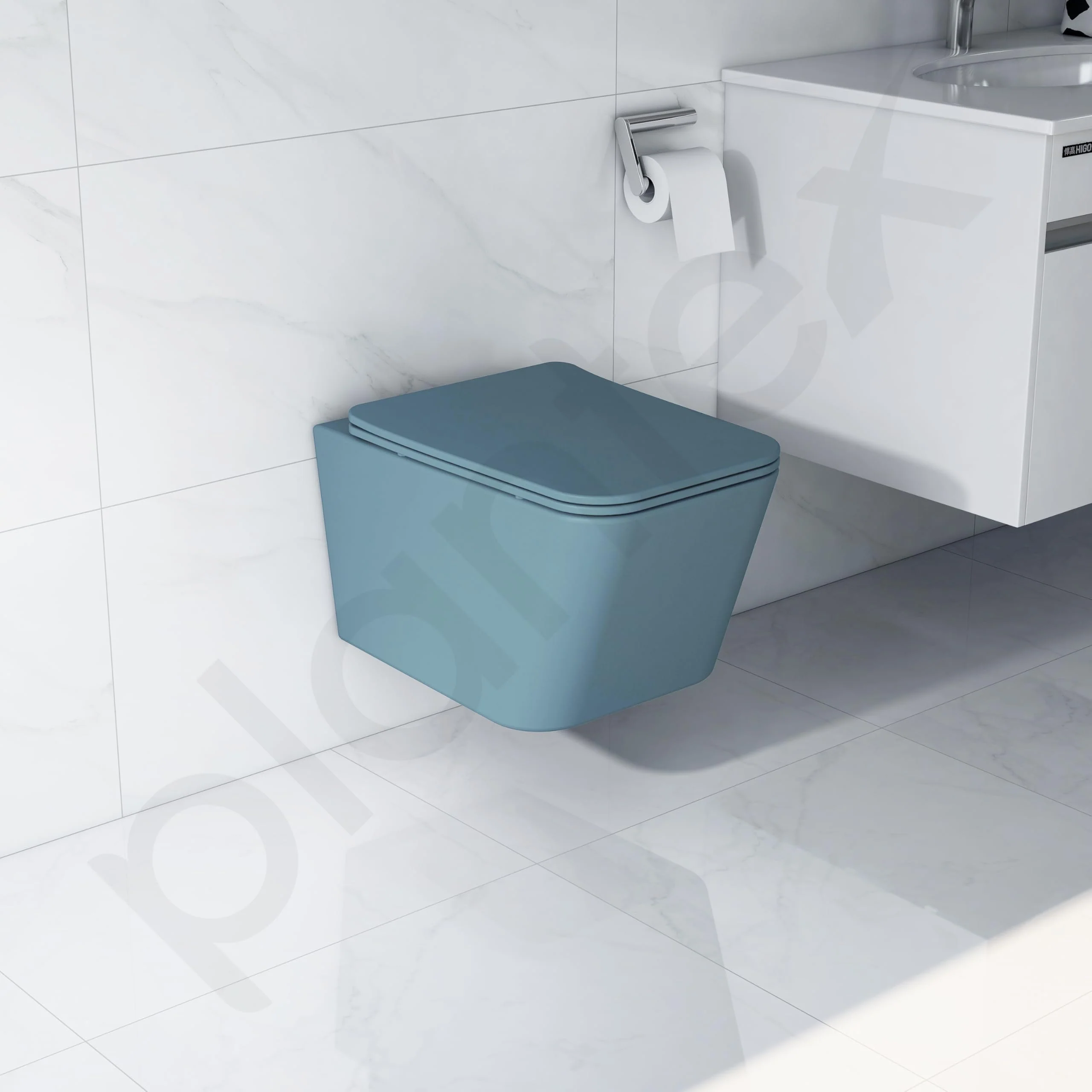Plantex Imported Ceramic Commode/Western Toilet/Wall Hanging Commode for Bathroom with Soft Closing Toilet Seat Cover- P Trap (Harmony Blue) - Image 7