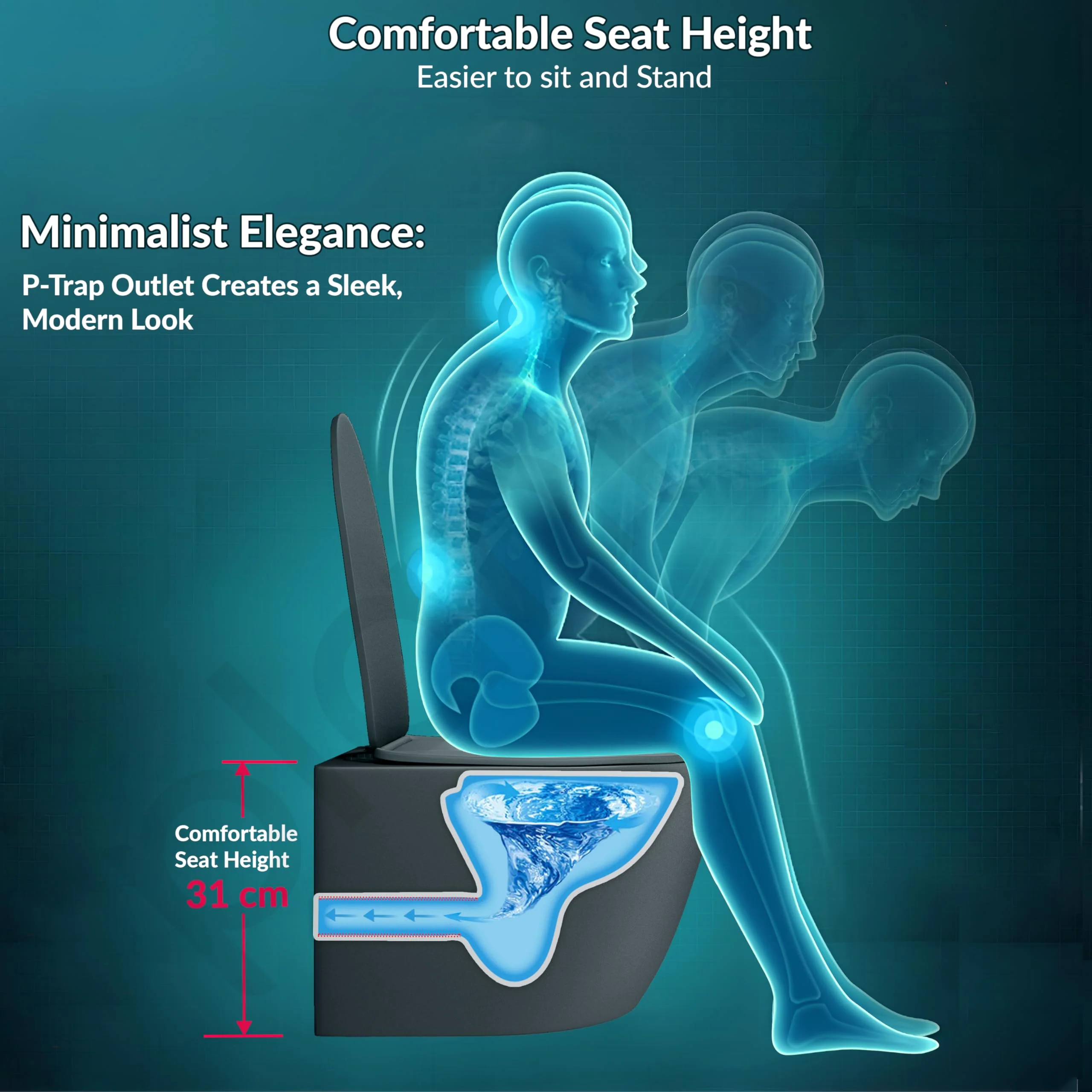 Plantex Imported Ceramic Wall Hung Commode/Rimless Washdown Flush Western Toilet/Commode with Soft Closing Toilet Seat - P Trap (Round - Matt Grey) - Image 4