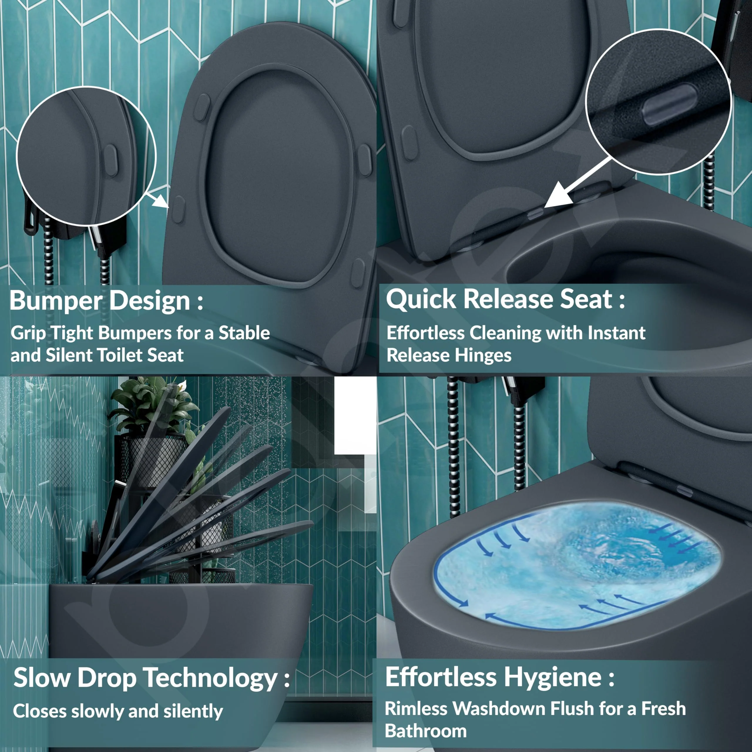Plantex Imported Ceramic Wall Hung Commode/Rimless Washdown Flush Western Toilet/Commode with Soft Closing Toilet Seat - P Trap (Round - Matt Grey) - Image 5