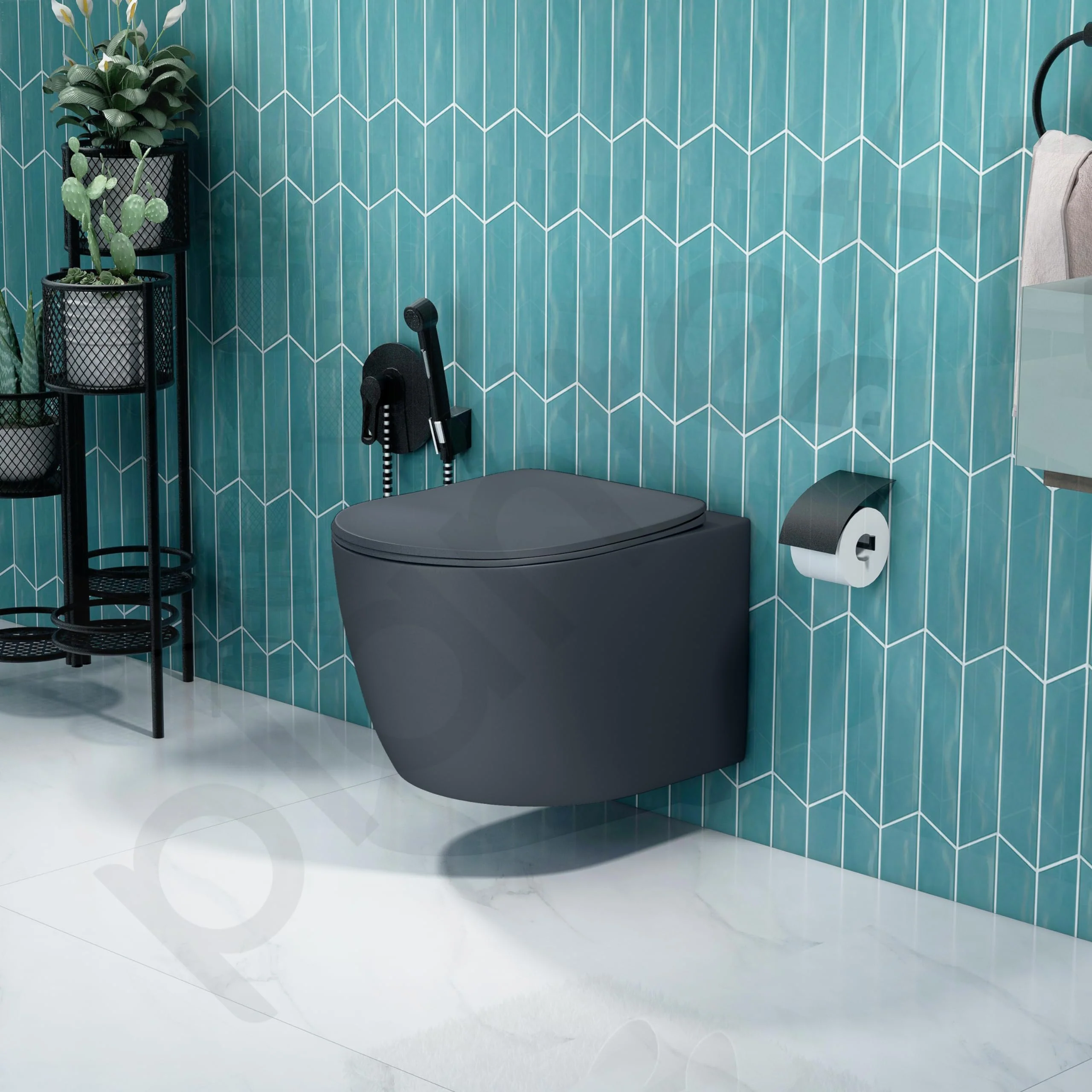 Plantex Imported Ceramic Wall Hung Commode/Rimless Washdown Flush Western Toilet/Commode with Soft Closing Toilet Seat - P Trap (Round - Matt Grey) - Image 6