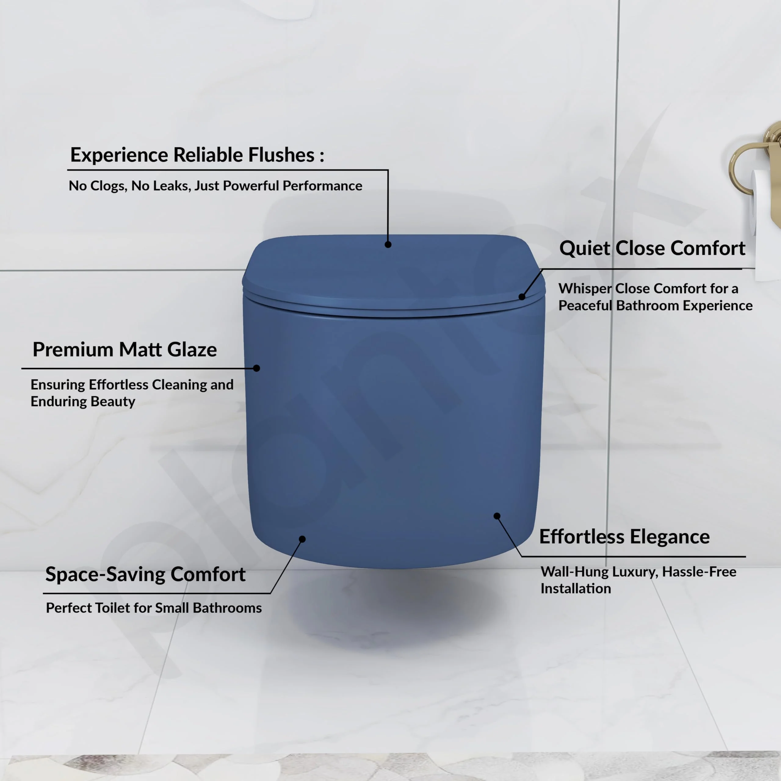 Plantex Imported Ceramic Wall Hung Commode/Rimless Washdown Western Toilet/Commode with Soft Close Toilet Seat - P Trap (Round- Dark Blue) - Image 2