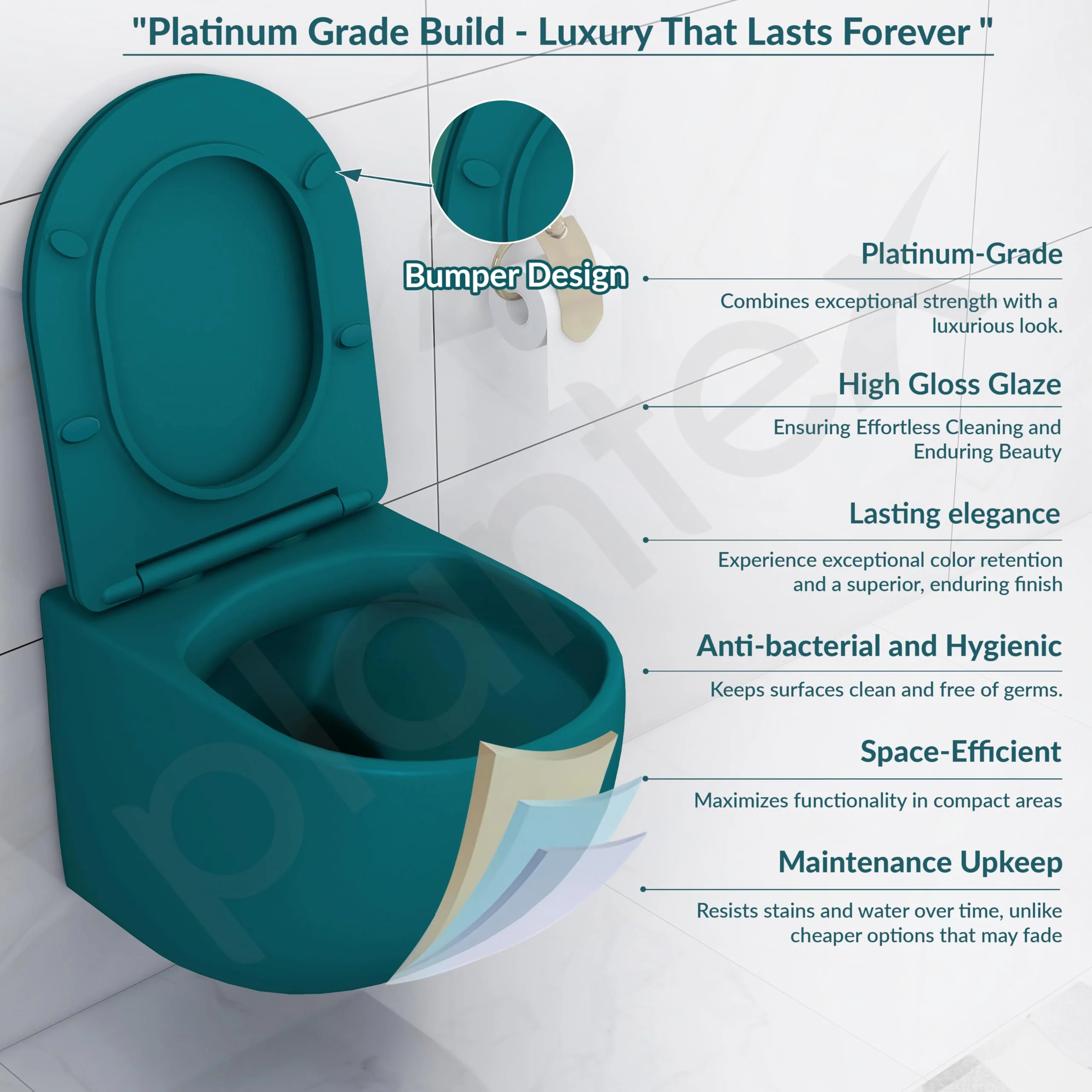 Plantex Imported Ceramic Western Commode/Rimless Wall Hung Commode for Toilet/Washdown Flush Bathroom Western Toilet with Soft Close Toilet Seat - P Trap (Matt Blue) - Image 2