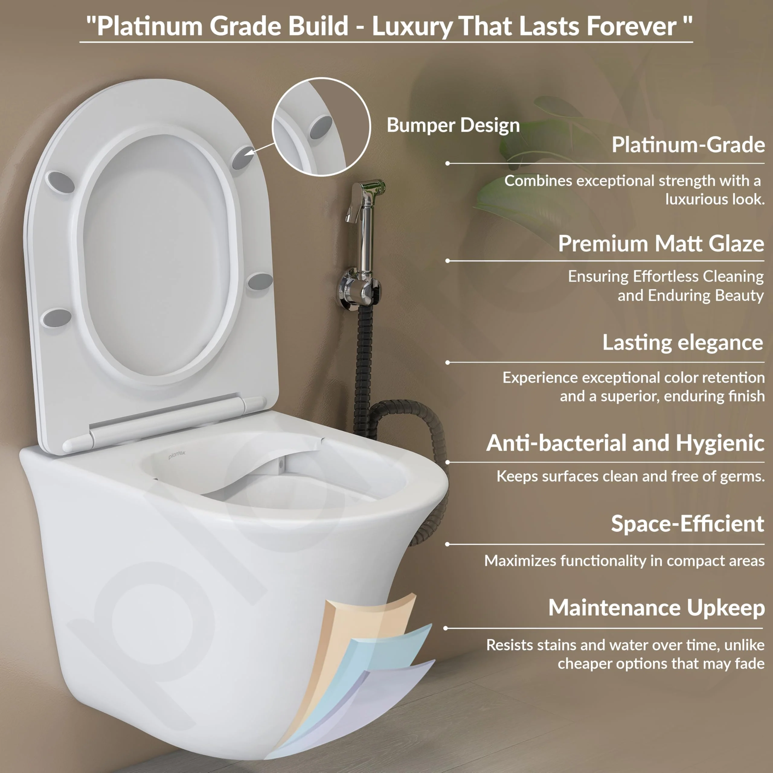 Plantex Imported Ceramic Western Commode/Wall Hung Western Toilet/Rimless Washdown Commode for Bathroom with Soft Close Toilet Seat Cover - P Trap Outlet (1161 - Matt White) - Image 5
