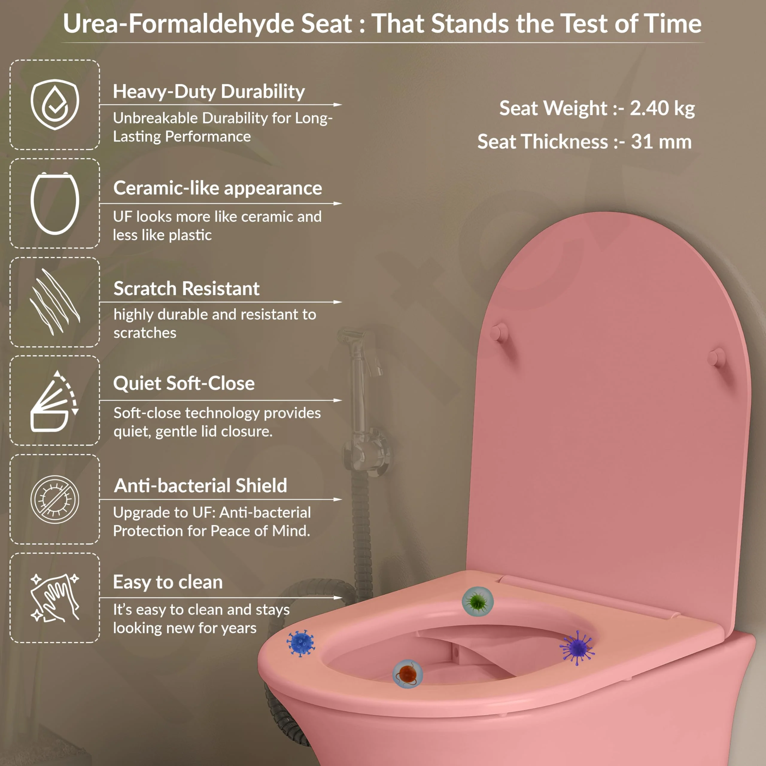 Plantex Imported Commode for Toilet/Ceramic Wall Hung Western Toilet/Rimless Washdown Flush Commode with Soft Closing Toilet Seat - P Trap Outlet (1167 - Secura Pink) - Image 2