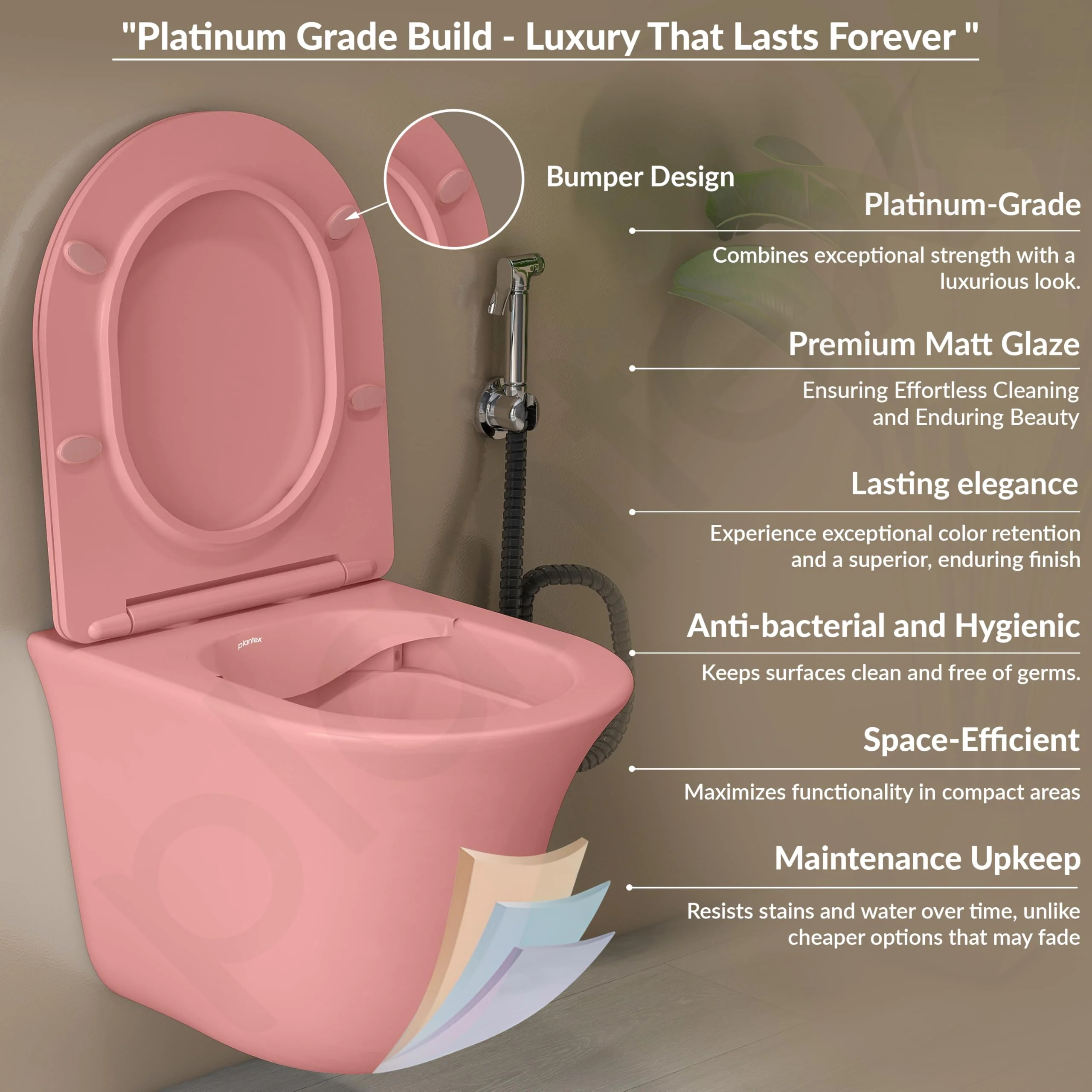 Plantex Imported Commode for Toilet/Ceramic Wall Hung Western Toilet/Rimless Washdown Flush Commode with Soft Closing Toilet Seat - P Trap Outlet (1167 - Secura Pink) - Image 5