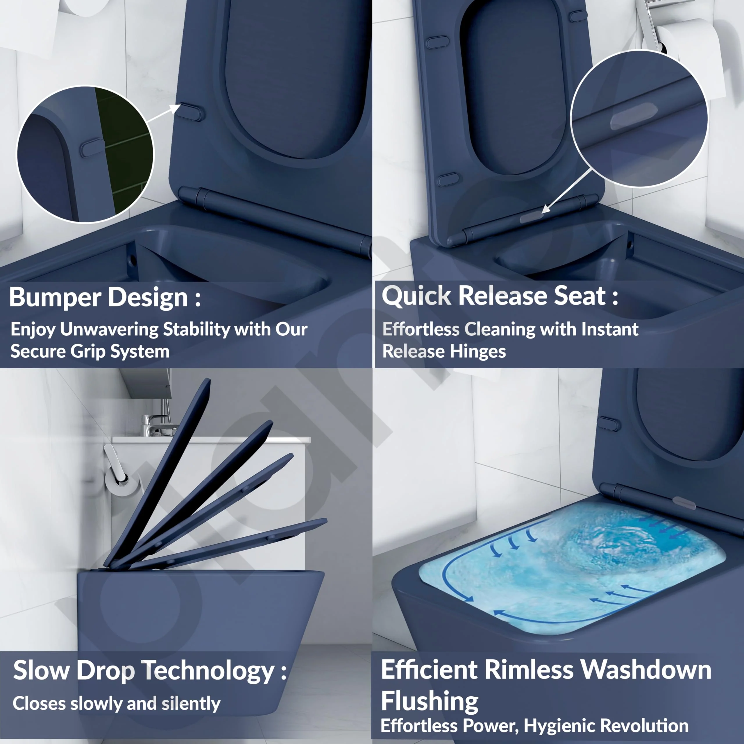 Plantex Imported Italica Ceramic Wall Hung Commode for Toilet/Rimless Washdown Flush/Commode with Soft Closing Toilet Seat - P Trap (Square - Dark Blue) - Image 4
