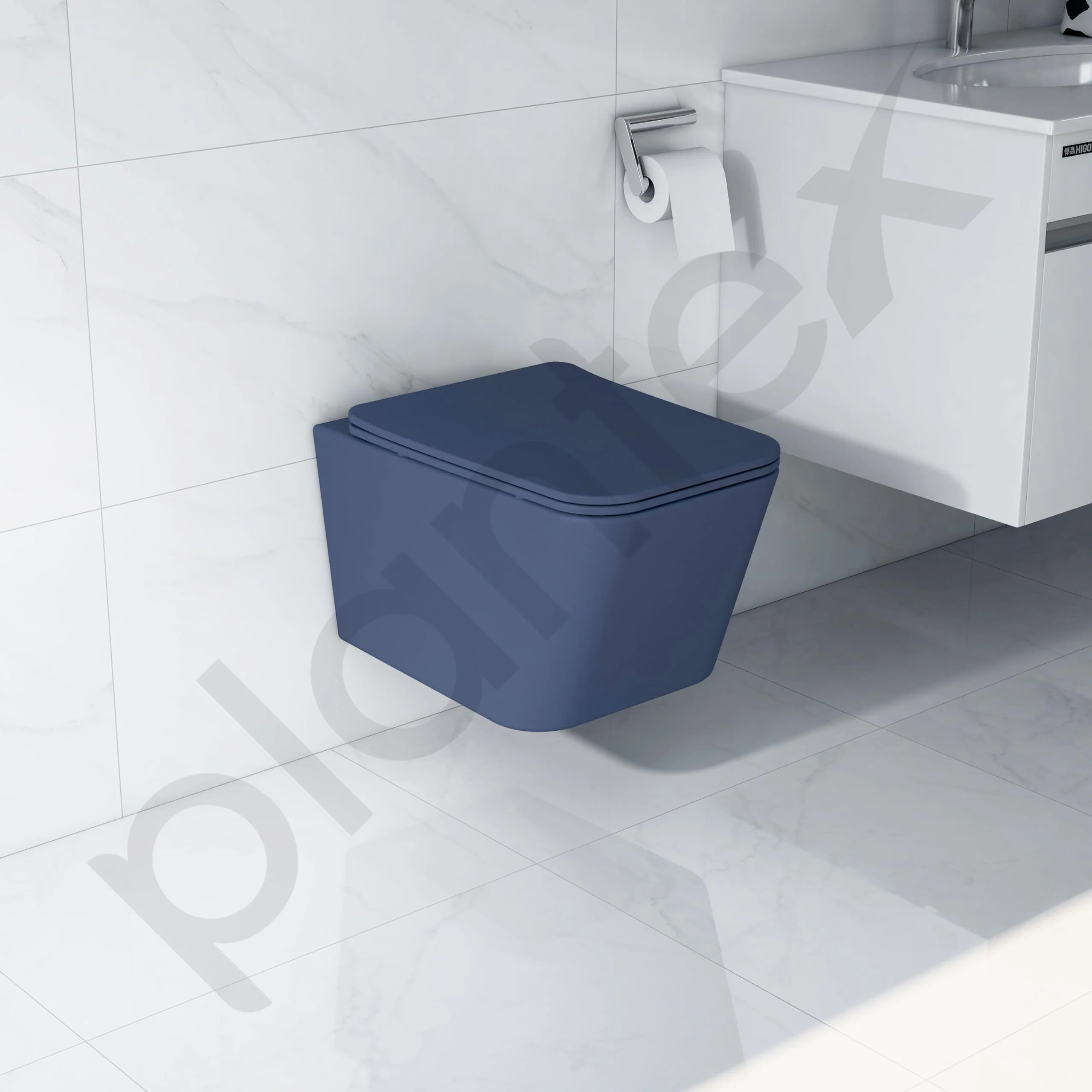 Plantex Imported Italica Ceramic Wall Hung Commode for Toilet/Rimless Washdown Flush/Commode with Soft Closing Toilet Seat - P Trap (Square - Dark Blue) - Image 6