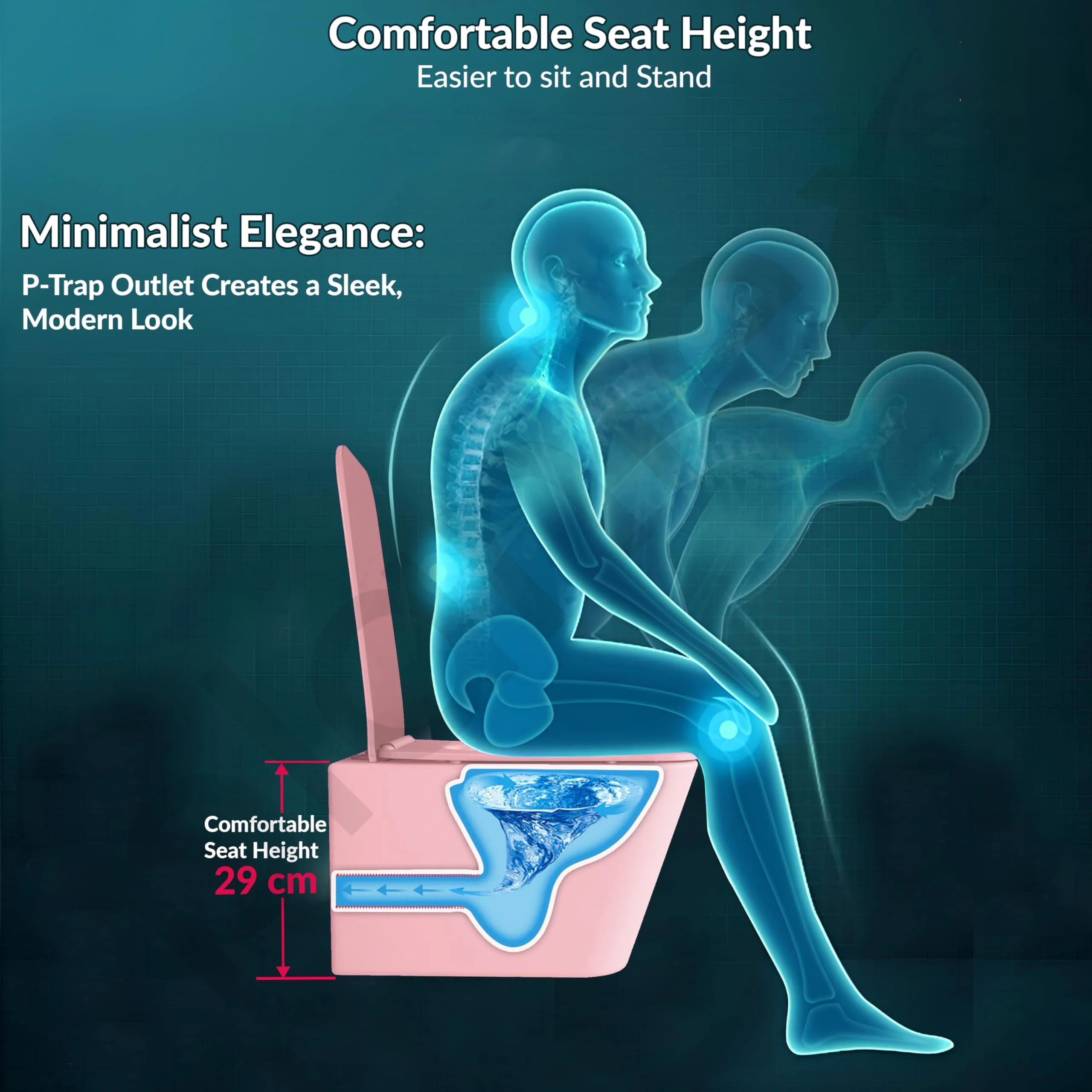 Plantex Imported Italica Ceramic Wall Hung Commode/Rimless Washdown Western Toilet/P - Trap Western Commode for Bathroom with Soft Close Toilet Seat Cover (Square - Matt Pink) - Image 4