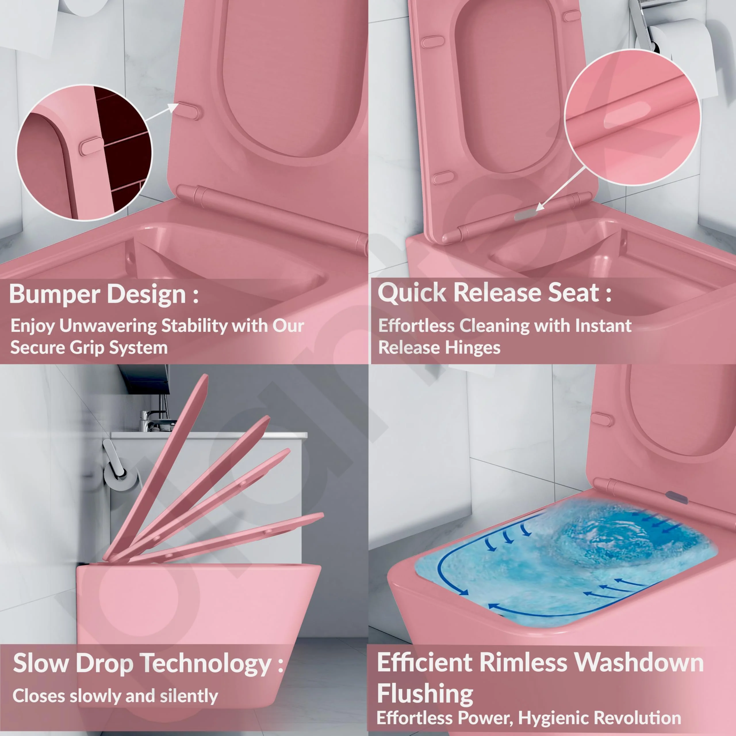 Plantex Imported Italica Ceramic Wall Hung Commode/Rimless Washdown Western Toilet/P - Trap Western Commode for Bathroom with Soft Close Toilet Seat Cover (Square - Matt Pink) - Image 5