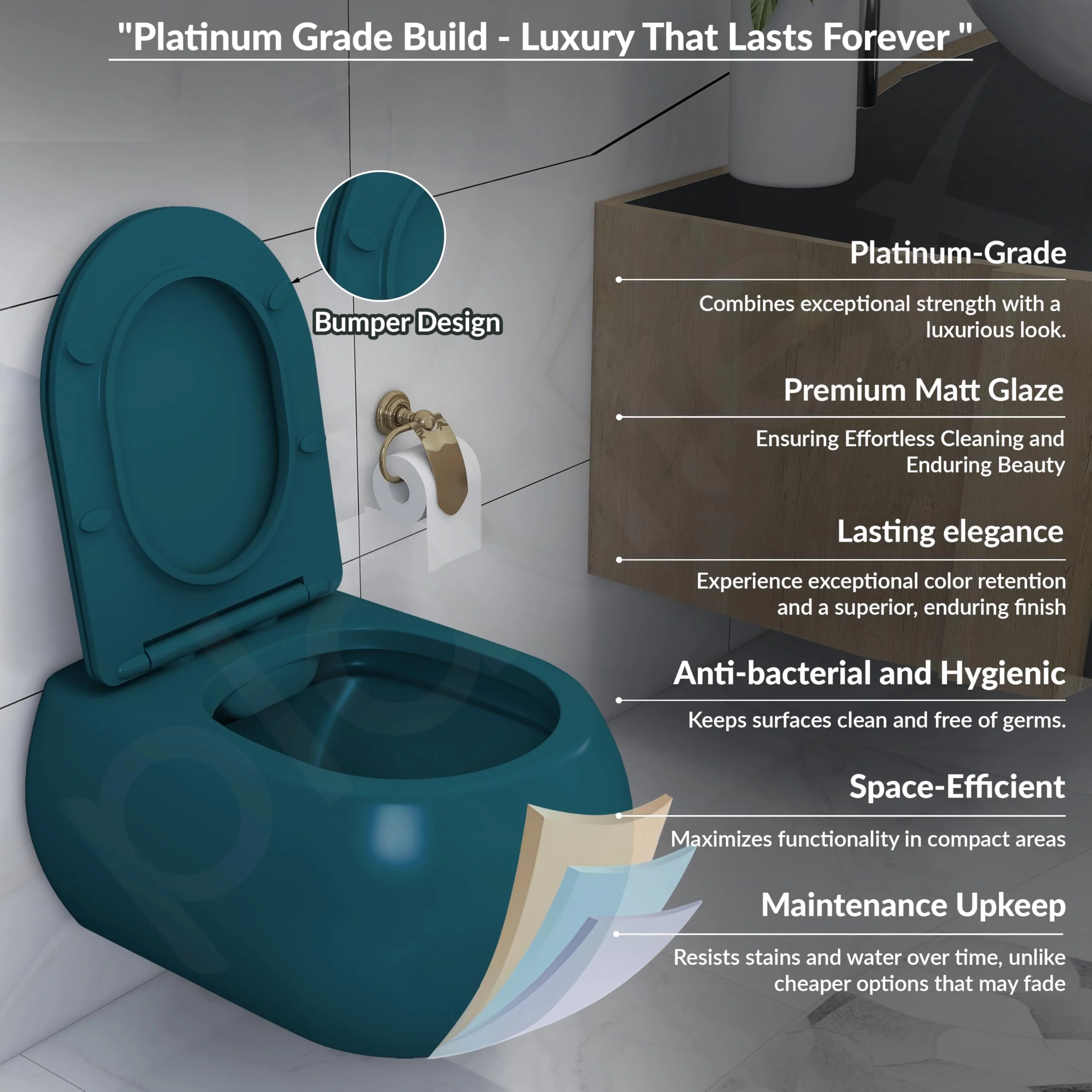 Plantex Imported Wall Hung Commode for Toilet/Ceramic Western Commode/Rimless Washdown Commode with Soft Closing Toilet Seat - P Trap (1064, Matt Blue) - Image 5