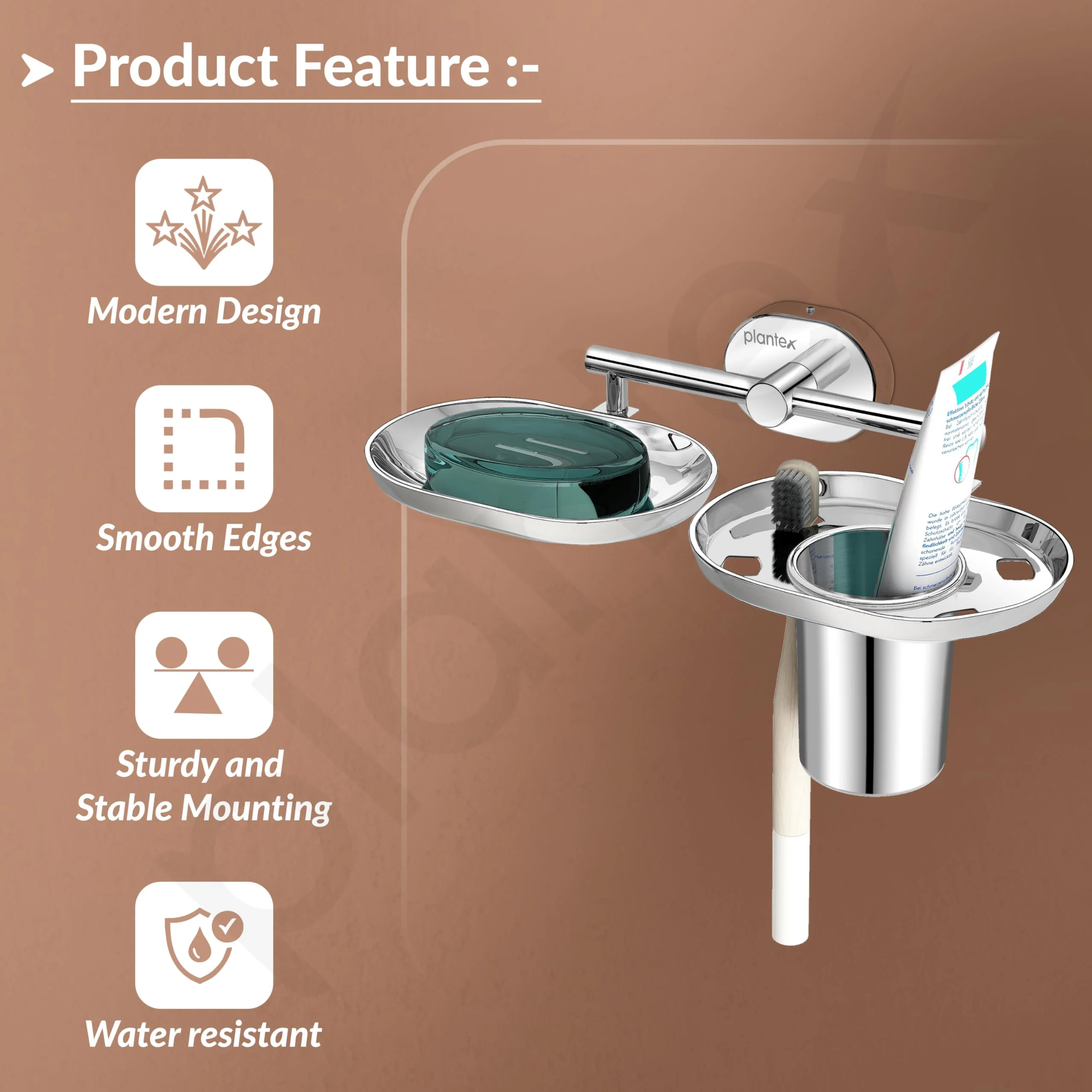 Plantex J4 Stainless Steel Soap Dish with Tumbler Holder/Soap and Brush Holder for Bathrooom/2 in 1 Soap Holder with Toothbrush Holder/Bathroom Accessories (Chrome Finish) Onix - Image 4
