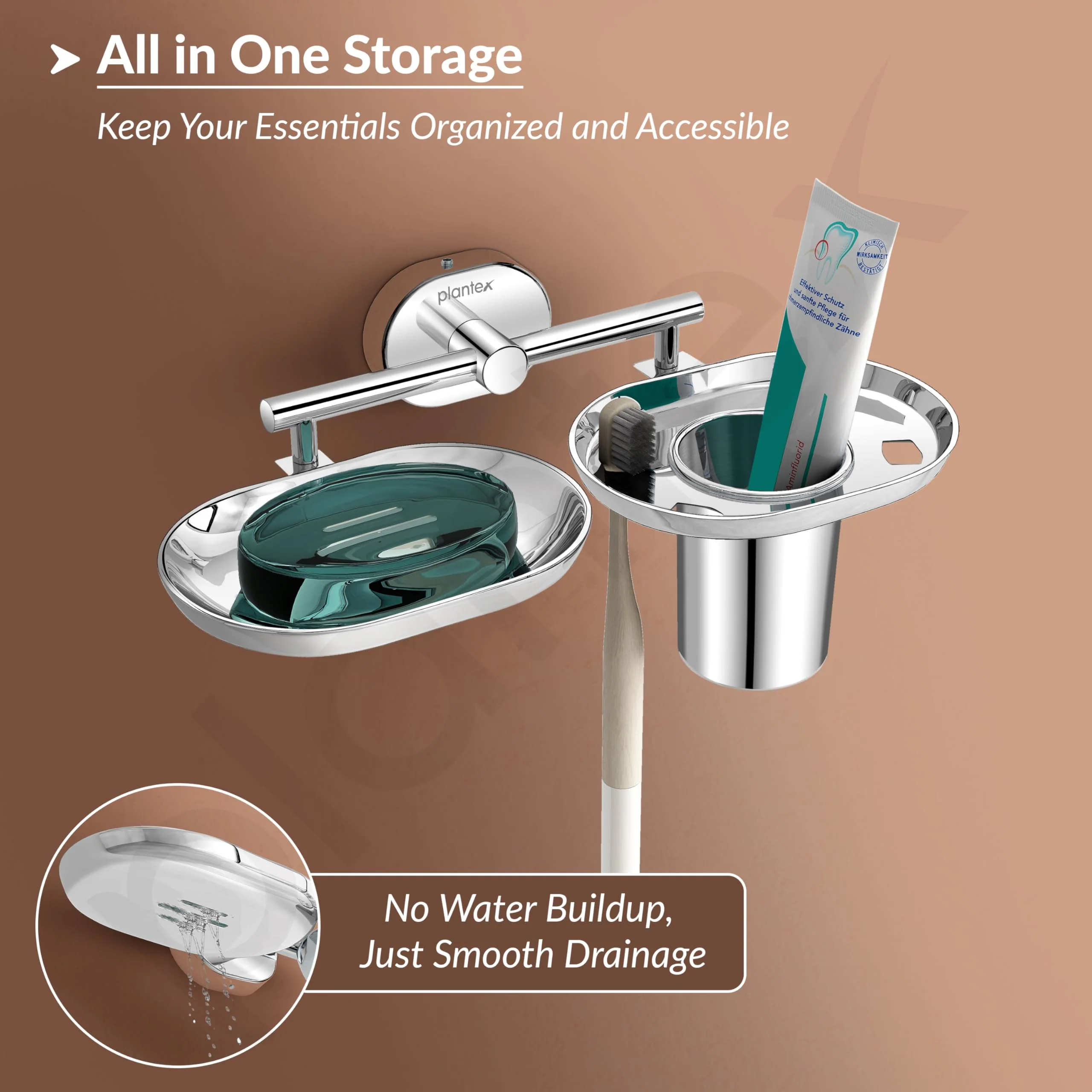 Plantex J4 Stainless Steel Soap Dish with Tumbler Holder/Soap and Brush Holder for Bathrooom/2 in 1 Soap Holder with Toothbrush Holder/Bathroom Accessories (Chrome Finish) Onix - Image 5