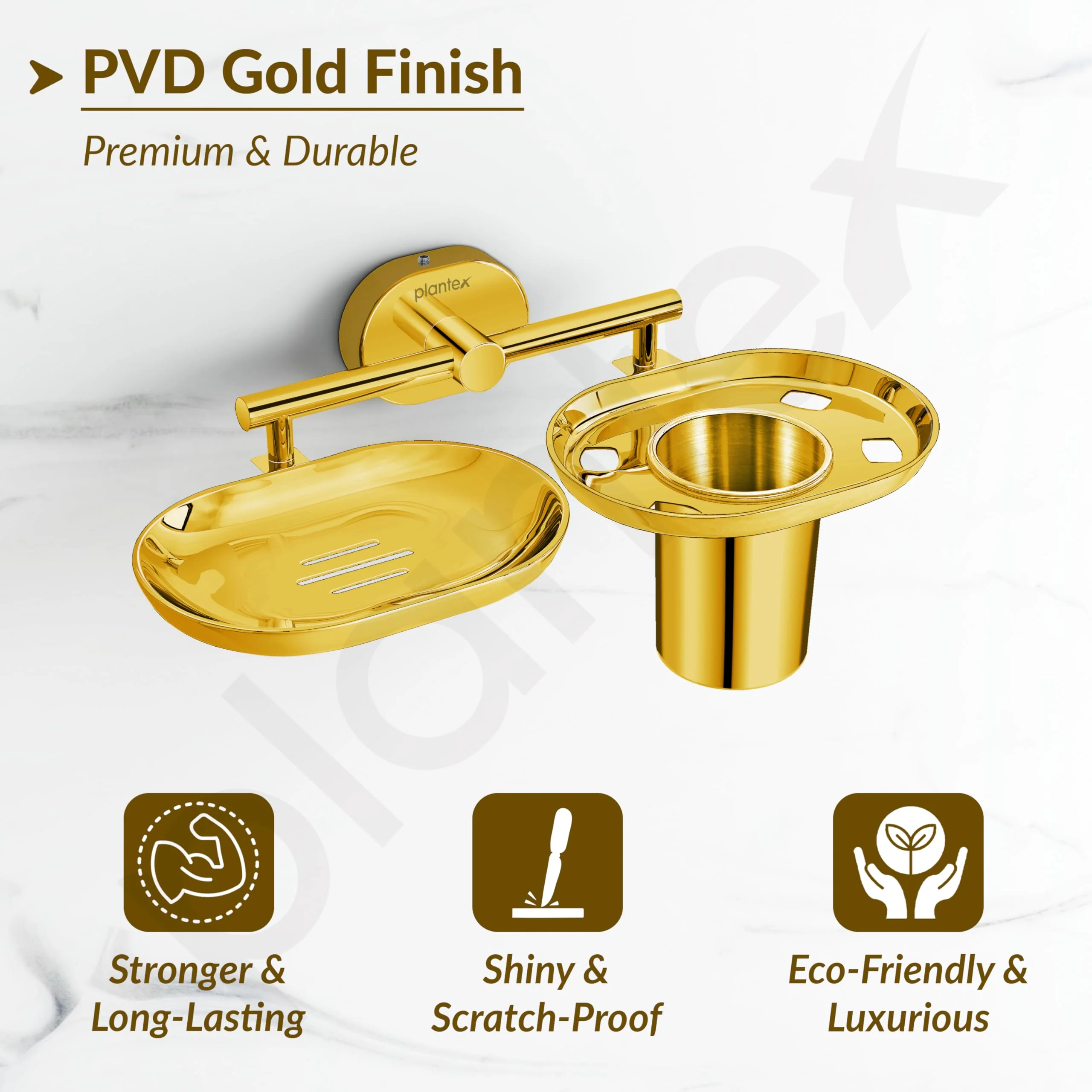 Plantex J4 Stainless Steel Soap Dish with Tumbler Holder/Soap and Brush Holder for Bathrooom/2 in 1 Soap Holder with Toothbrush Holder/Bathroom Accessories (PVD Gold Finish) Onix - Image 6