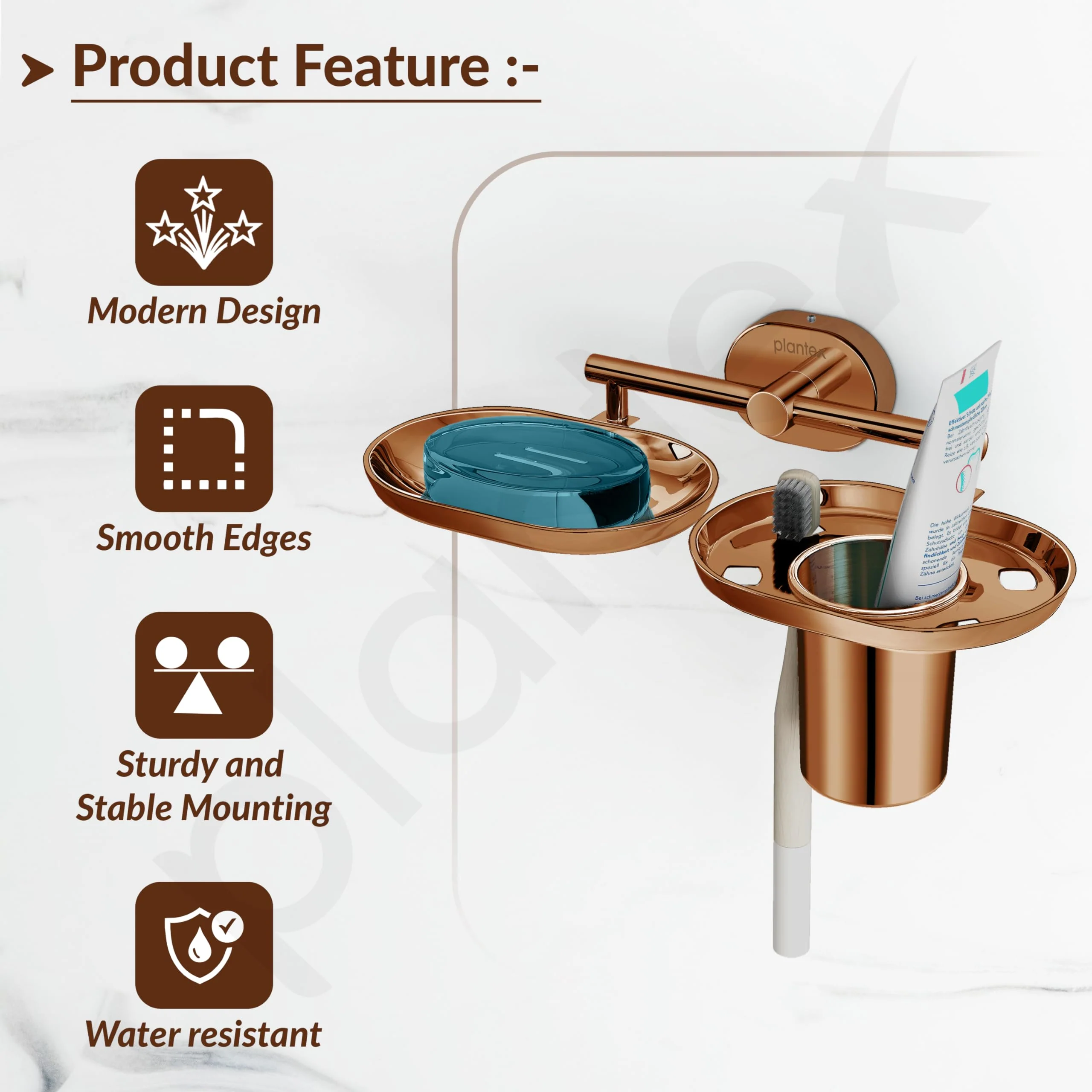 Plantex J4 Stainless Steel Soap Dish with Tumbler Holder/Soap and Brush Holder for Bathrooom/2 in 1 Soap Holder with Toothbrush Holder/Bathroom Accessories (PVD Rose Gold Finish) Onix - Image 4