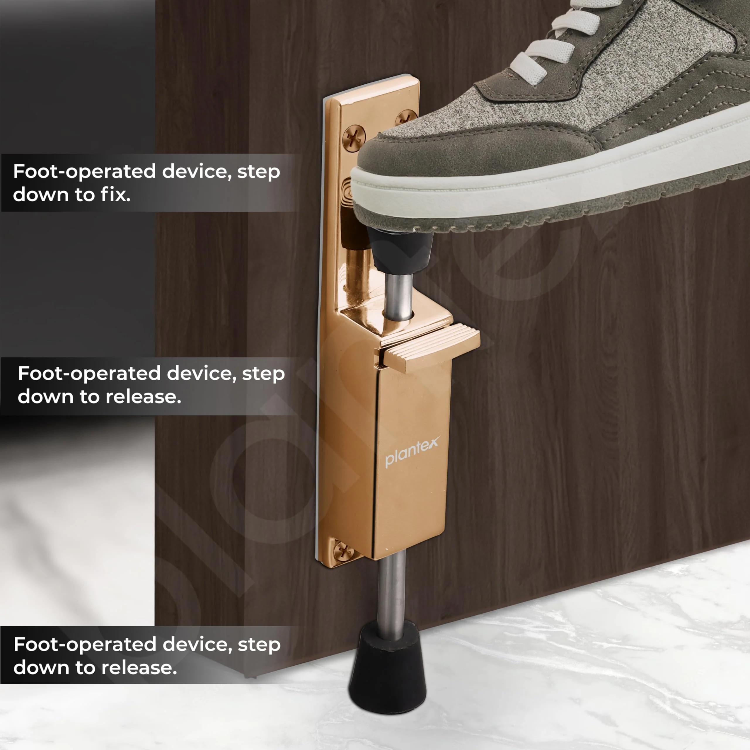 Plantex Kickdown Door Stopper Spring Loaded Telescopic Step On/Off Door Stopper Rubber, Adjustable Heavy Duty Door Locks Holder Stop/Release by Foot - Pack of 1 (Rose Gold) - Image 4