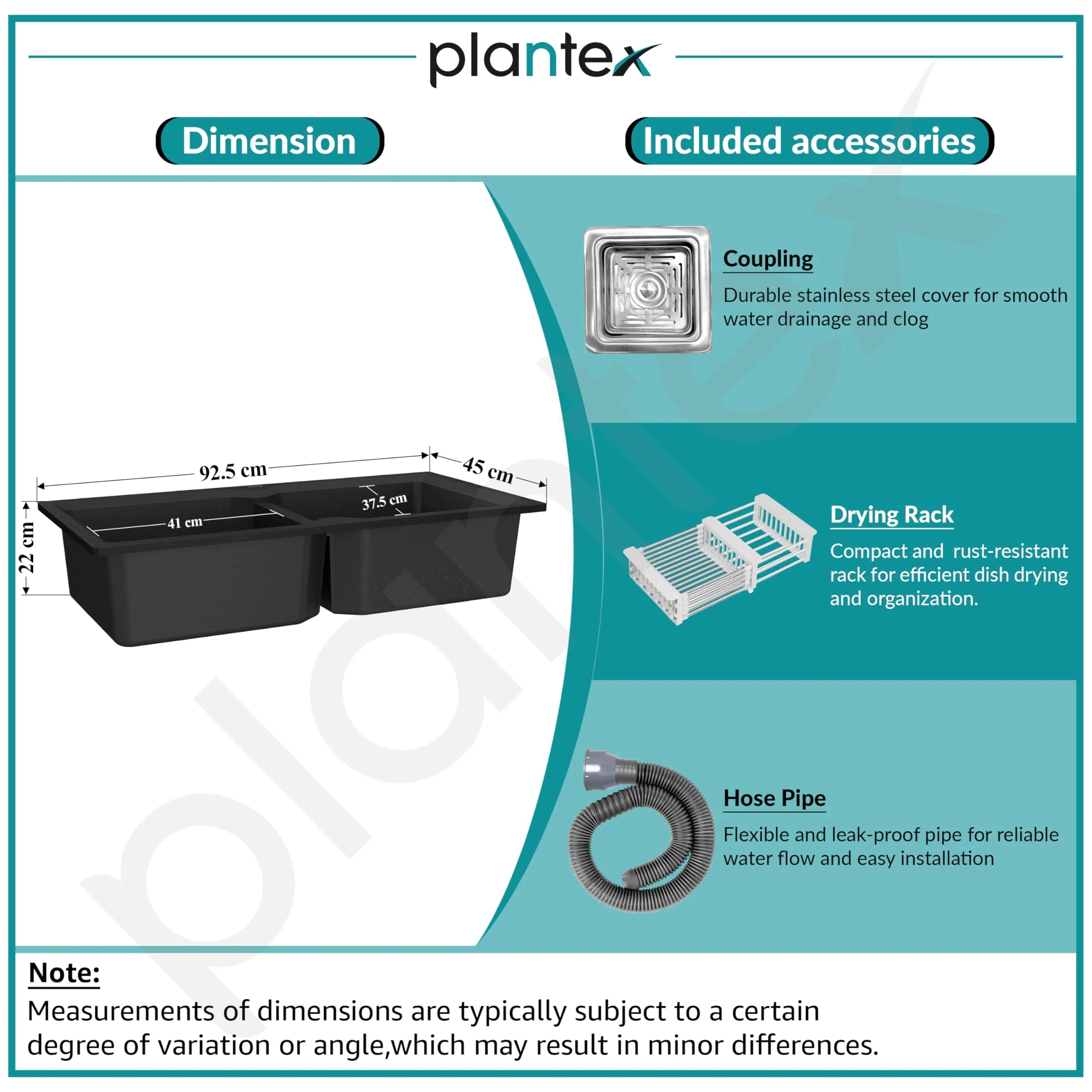 Plantex Kitchen Sink/UV Protected Quartz Sink for Kitchen/Double Bowl Sink with Coupling and Hose Pipe (Charcoal Black - 37x18inch) - Image 5