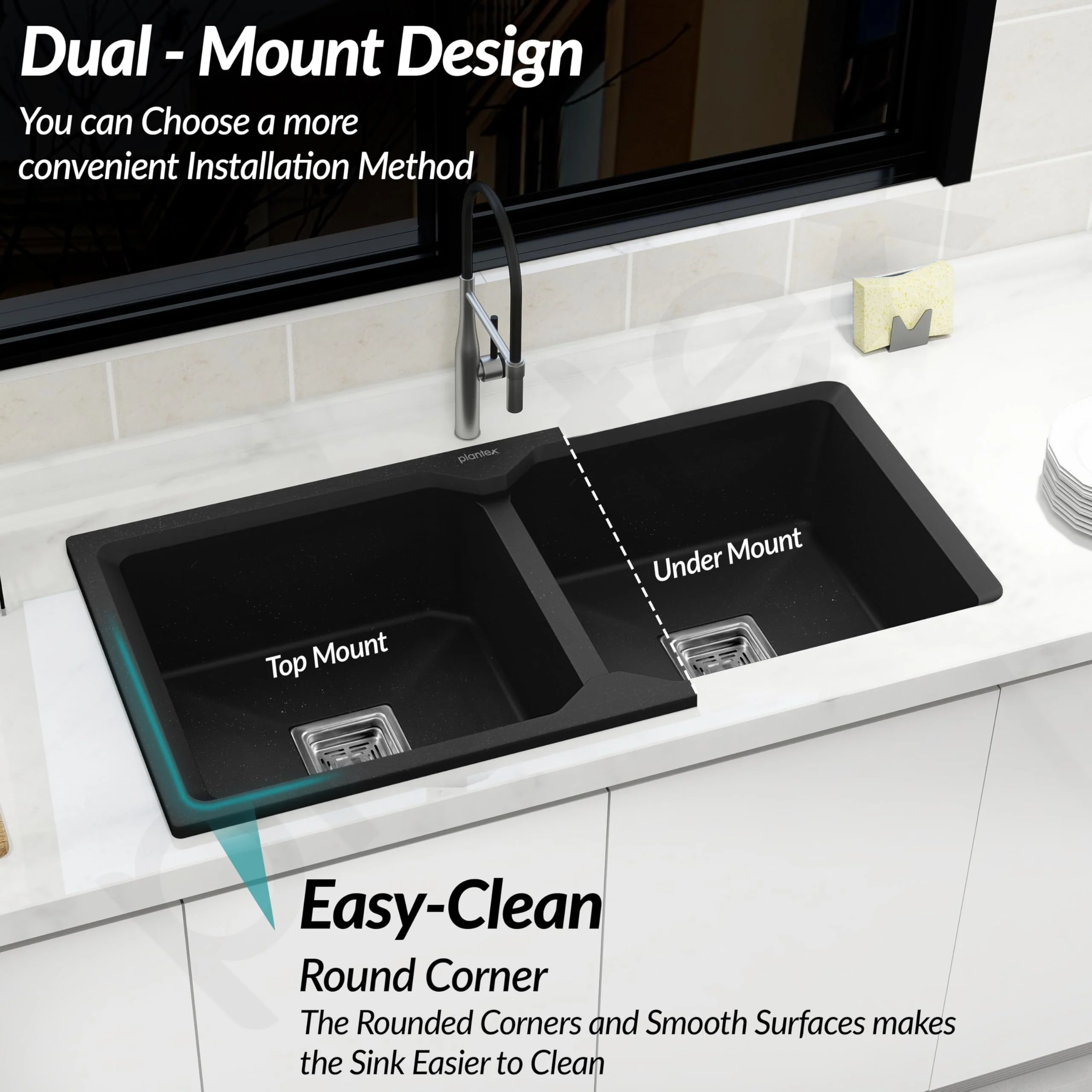 Plantex Kitchen Sink/UV Protected Quartz Sink for Kitchen/Double Bowl Sink with Coupling and Hose Pipe (Charcoal Black - 37x18inch) - Image 6