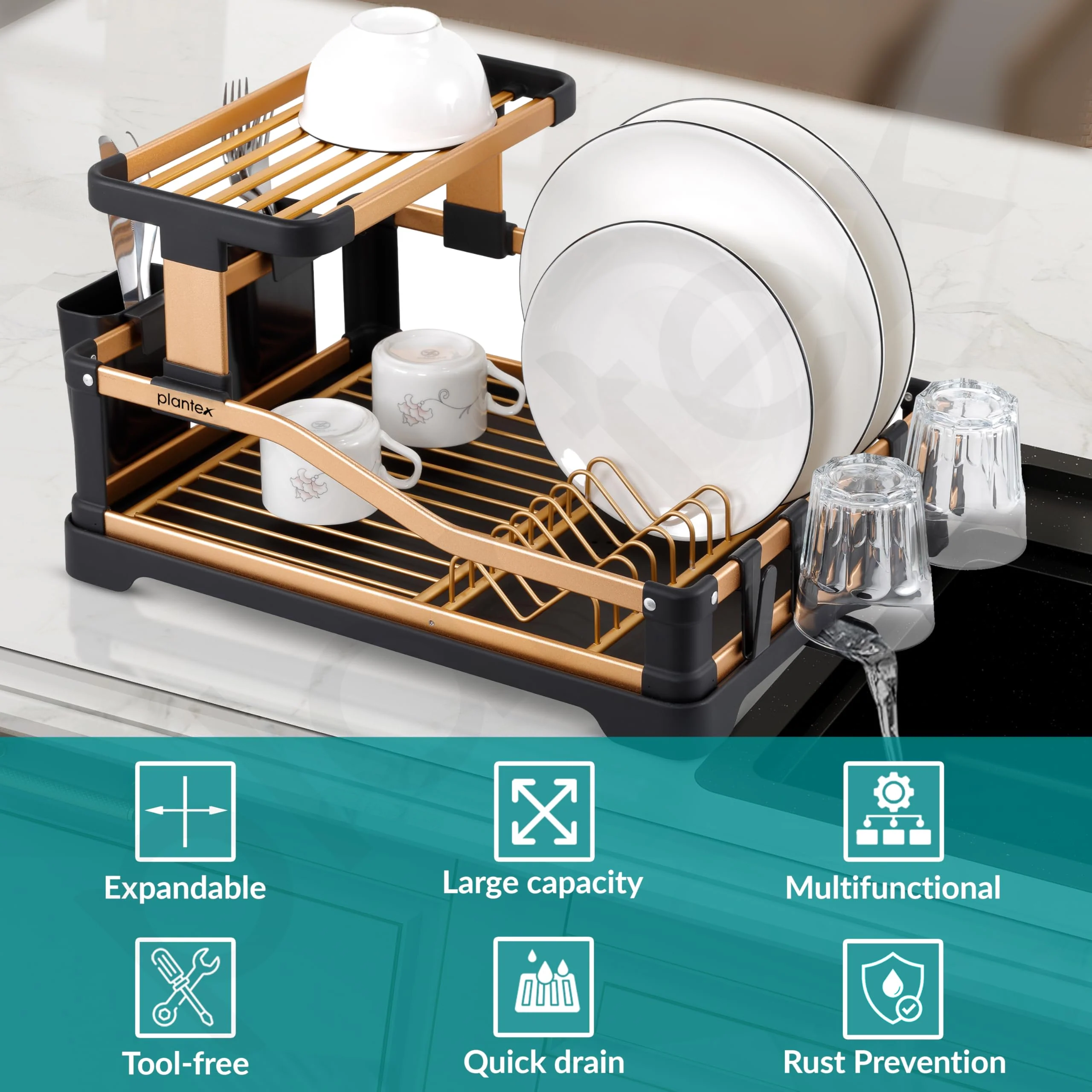 Plantex Kitchen Storage Rack/Aluminium Fold Flat Dish Drying Rack/2-Tier with Drainboard/Kitchen Organiser Rack - (Gold & Black) - Image 2