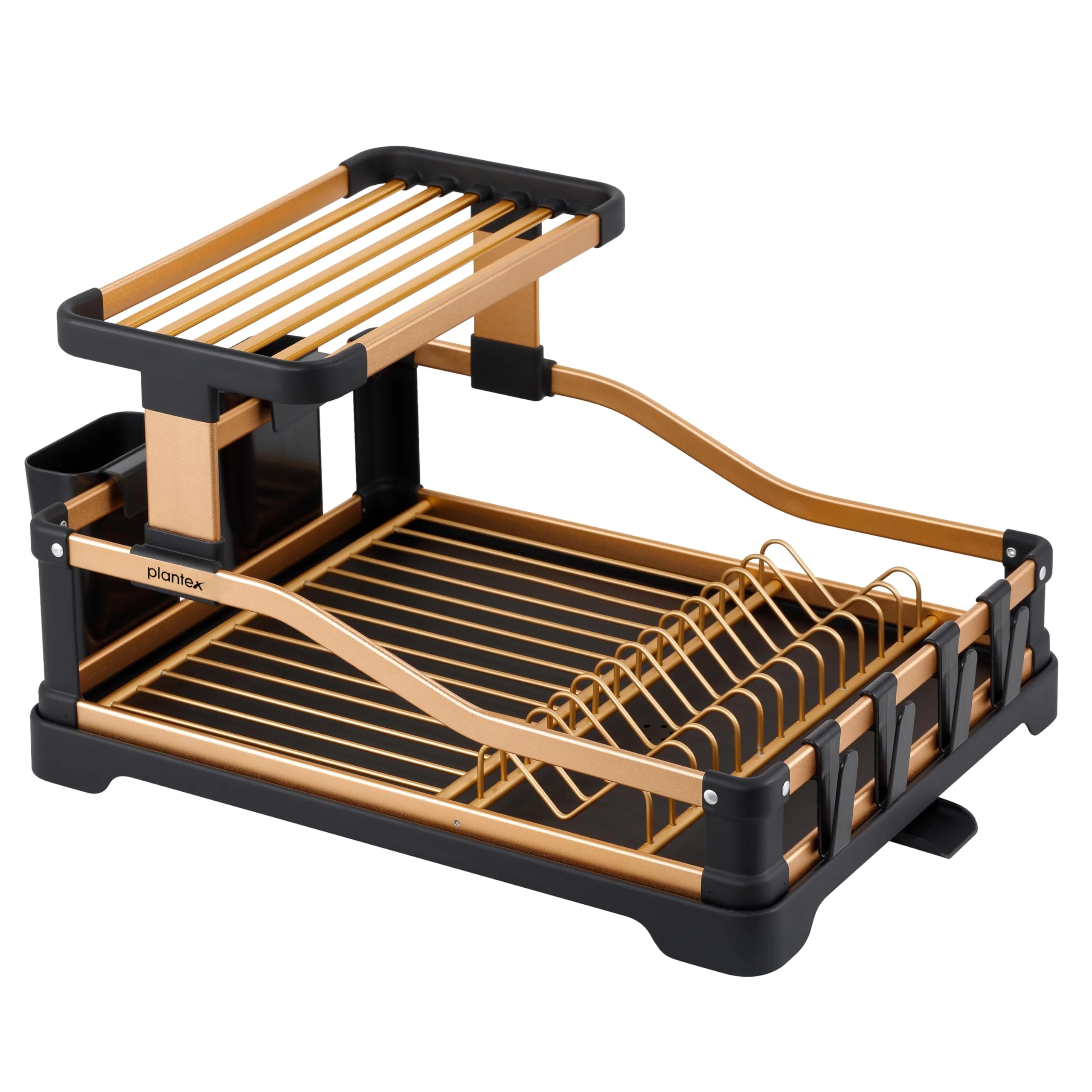 Plantex Kitchen Storage Rack/Aluminium Fold Flat Dish Drying Rack/2-Tier with Drainboard/Kitchen Organiser Rack - (Gold & Black) - Image 6