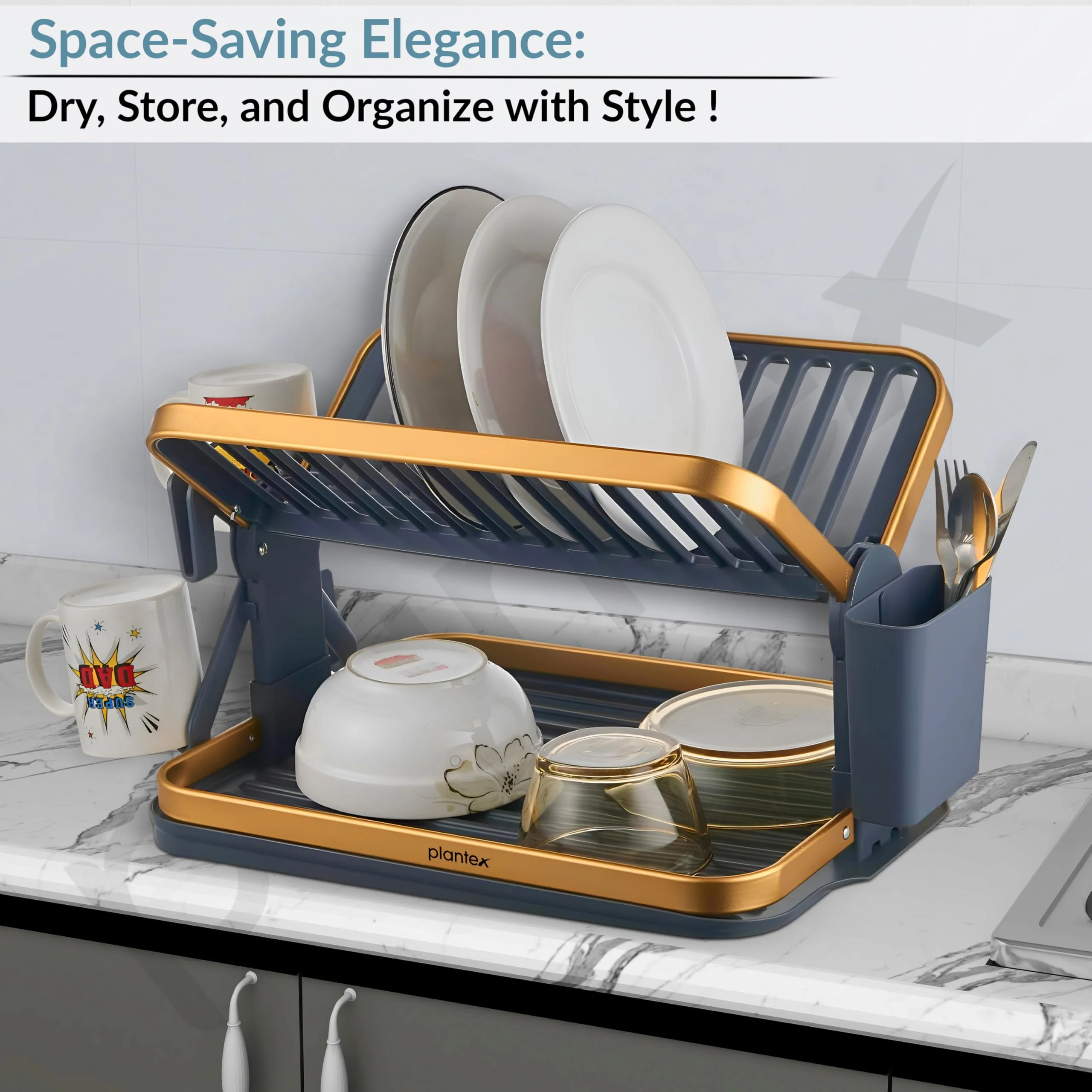 Plantex Kitchen Storage Rack/Aluminium Fold Flat Dish Drying Rack/2-Tier with Drainboard/Kitchen Organiser Rack - (Gold & Grey) - Image 5