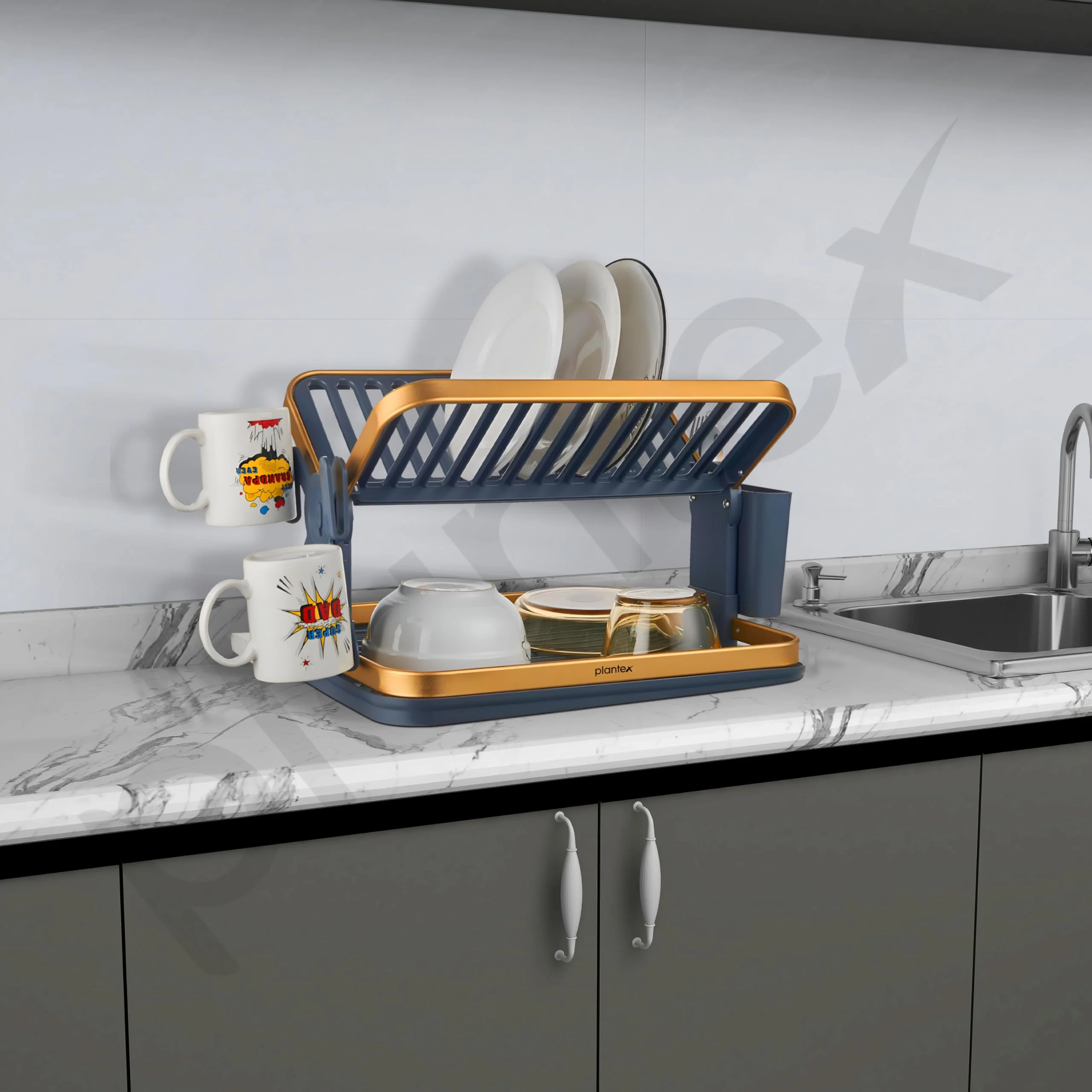 Plantex Kitchen Storage Rack/Aluminium Fold Flat Dish Drying Rack/2-Tier with Drainboard/Kitchen Organiser Rack - (Gold & Grey) - Image 6