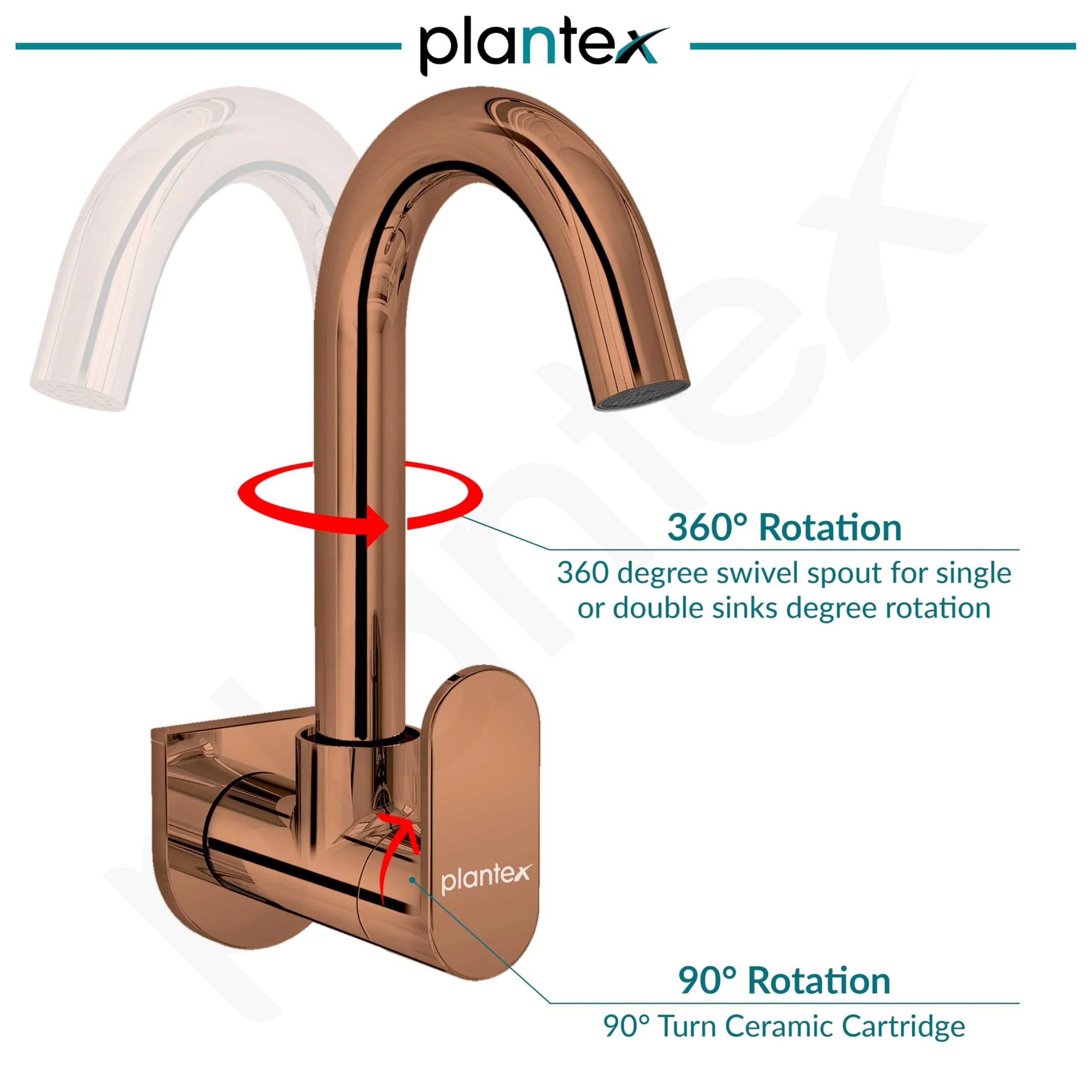 Plantex Kitchen Taps for Home Sink with Water Saving Nozzle for Sink Tap/High Arc 360° Swivel Spout for Sink Tap with Brass Wall Flange -(ORN-210-RG) - Image 2