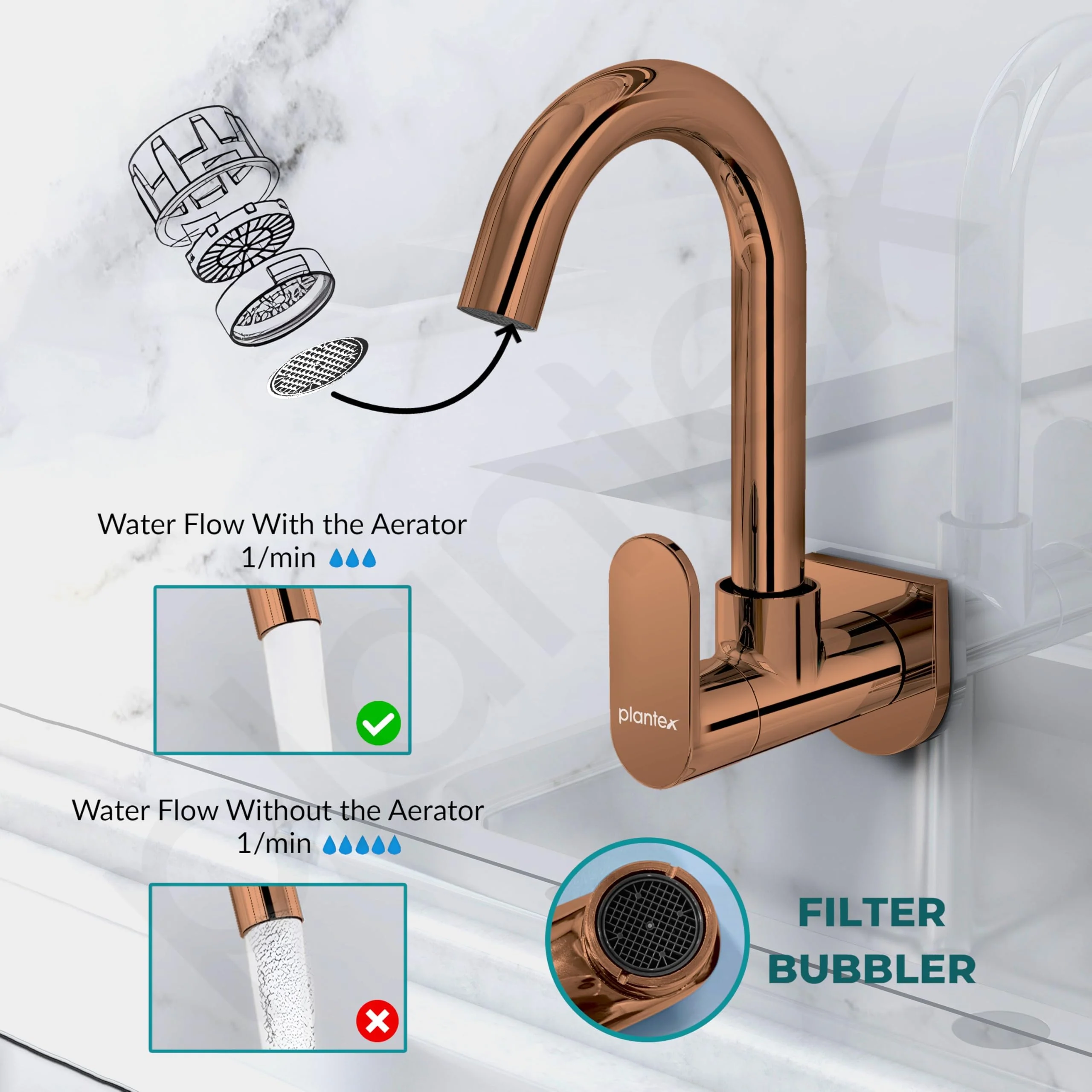 Plantex Kitchen Taps for Home Sink with Water Saving Nozzle for Sink Tap/High Arc 360° Swivel Spout for Sink Tap with Brass Wall Flange -(ORN-210-RG) - Image 5