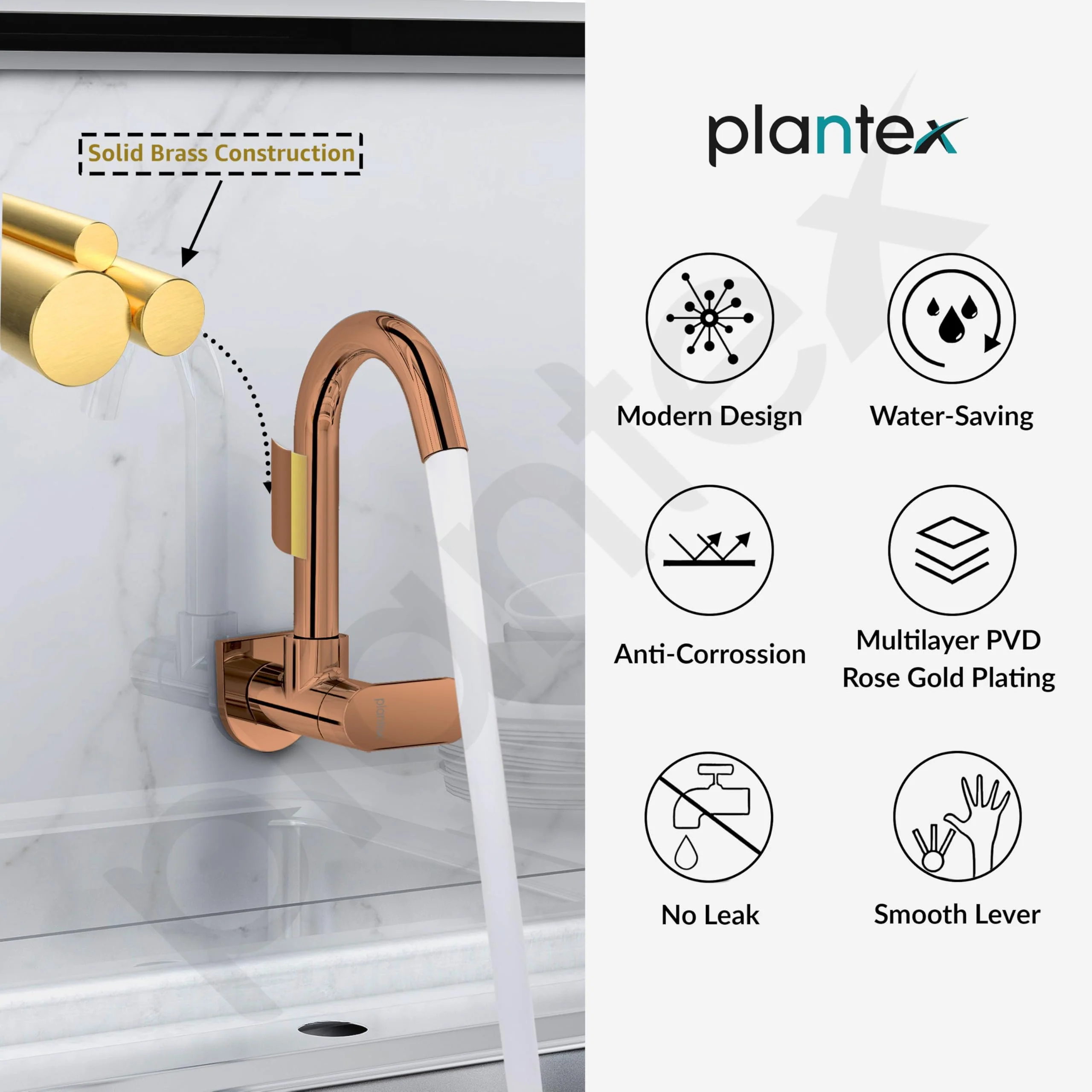 Plantex Kitchen Taps for Home Sink with Water Saving Nozzle for Sink Tap/High Arc 360° Swivel Spout for Sink Tap with Brass Wall Flange -(ORN-210-RG) - Image 6