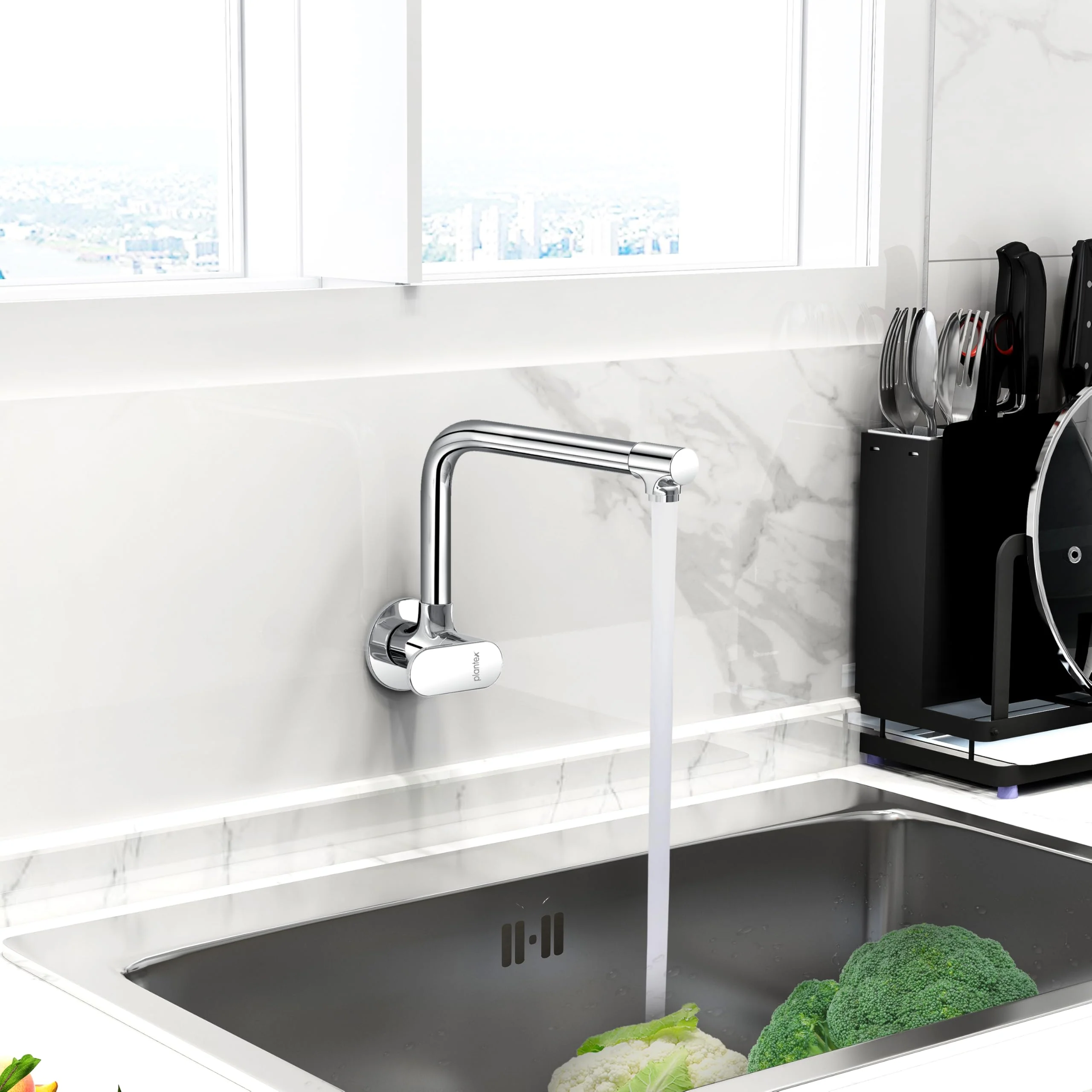 Plantex Brass Kitchen Taps for Home Sink/Kitchen Sink Tap with Water Saving Nozzle/360° Swivel Spout for Kitchen Faucet with Brass Wall Flange -(OCE-1309-Chrome) - Image 2