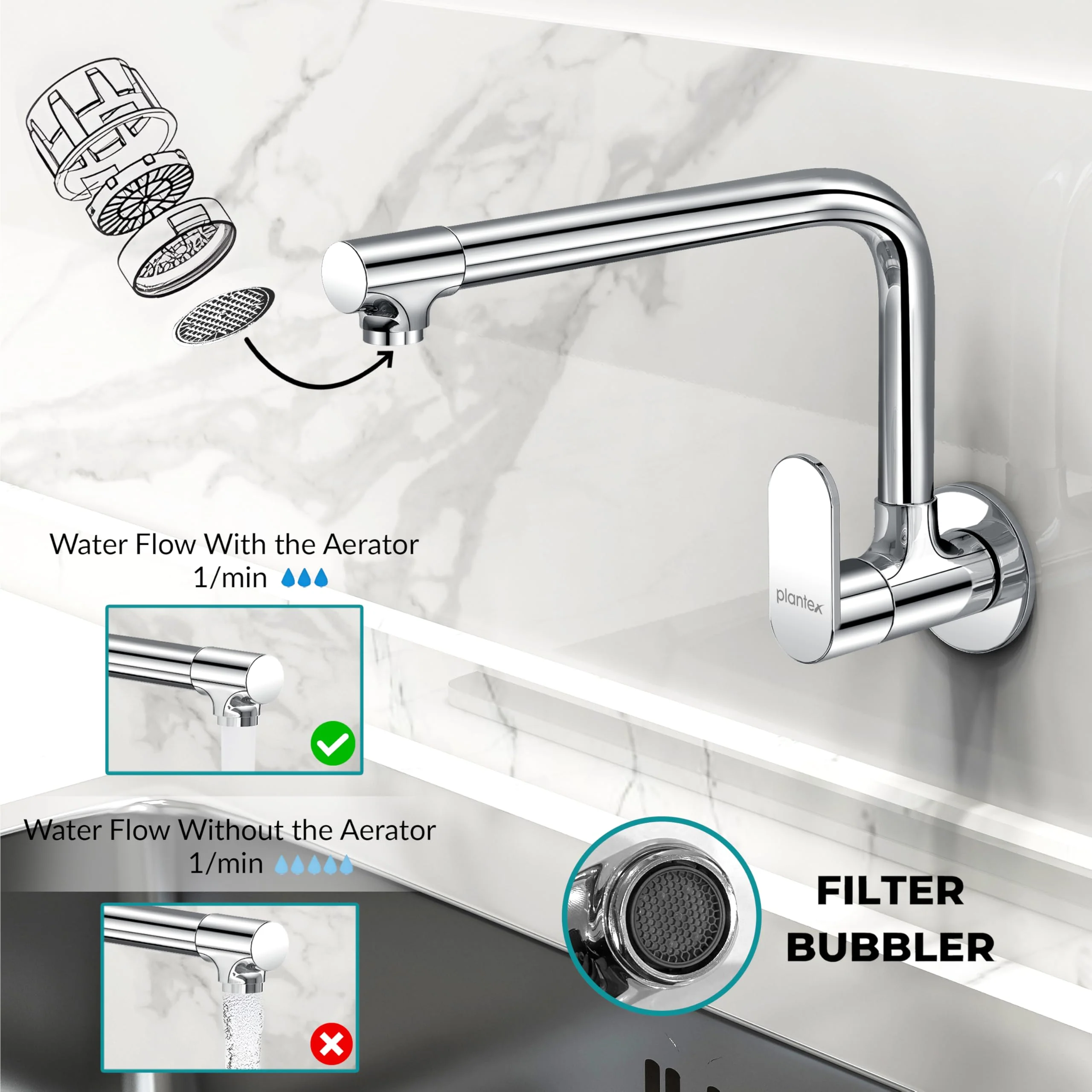 Plantex Brass Kitchen Taps for Home Sink/Kitchen Sink Tap with Water Saving Nozzle/360° Swivel Spout for Kitchen Faucet with Brass Wall Flange -(OCE-1309-Chrome) - Image 5