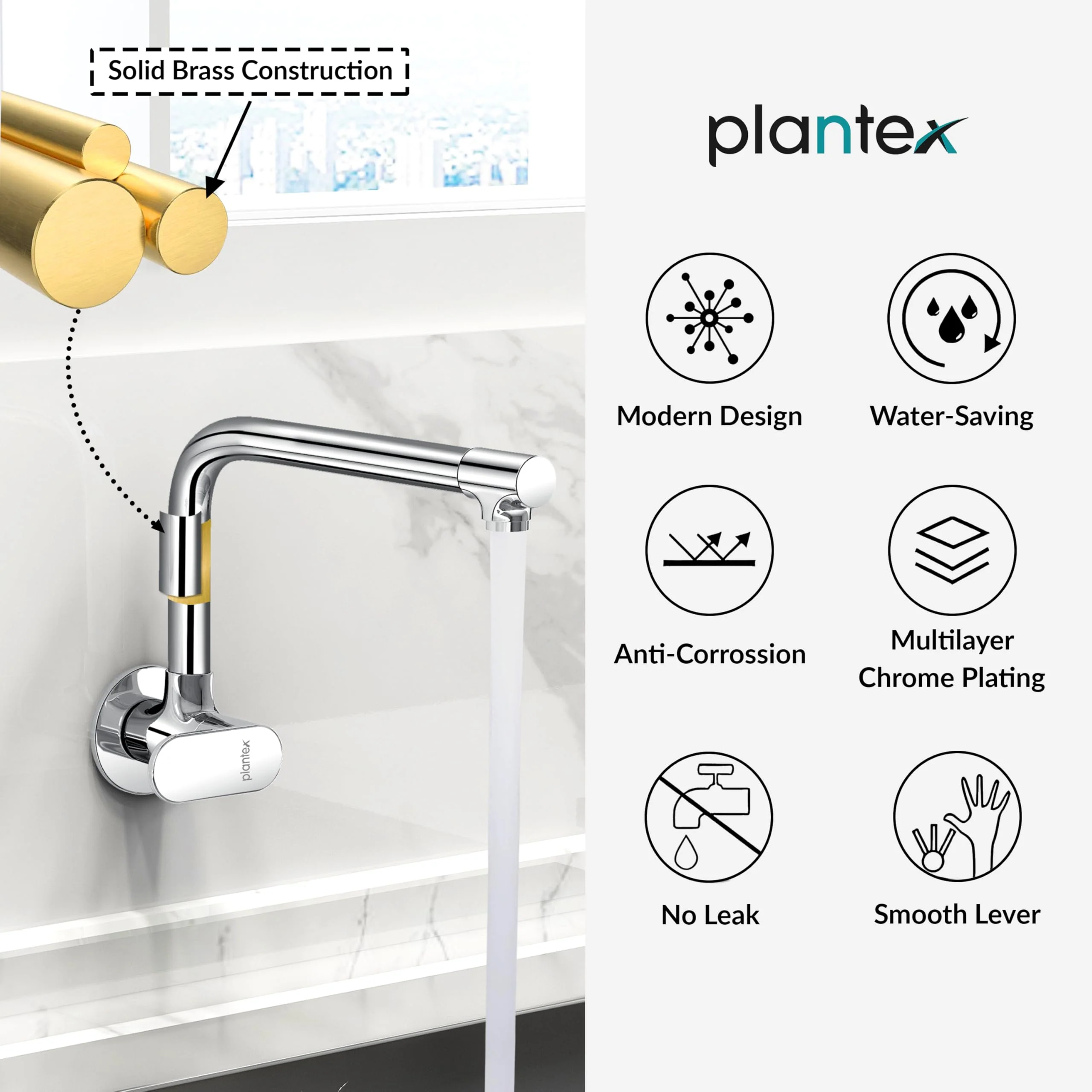 Plantex Brass Kitchen Taps for Home Sink/Kitchen Sink Tap with Water Saving Nozzle/360° Swivel Spout for Kitchen Faucet with Brass Wall Flange -(OCE-1309-Chrome) - Image 6