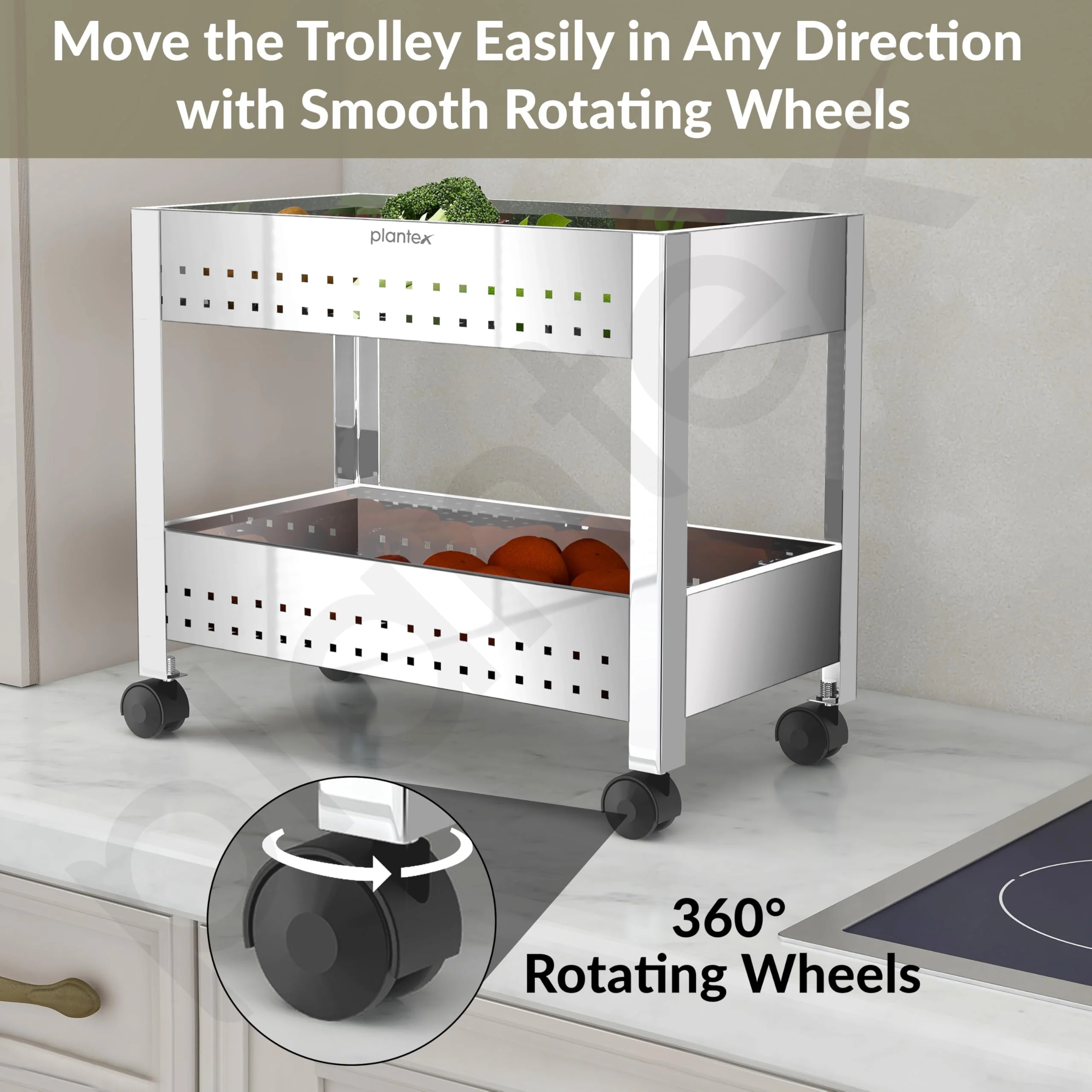 Plantex Kitchen Trolley/Vegetables Basket for Kitchen/Fruit Stand for Kitchen/Stainless Steel Vegetable Stand/Vegetable Rack for Kitchen/Trolley Stand (Silver) - Image 5