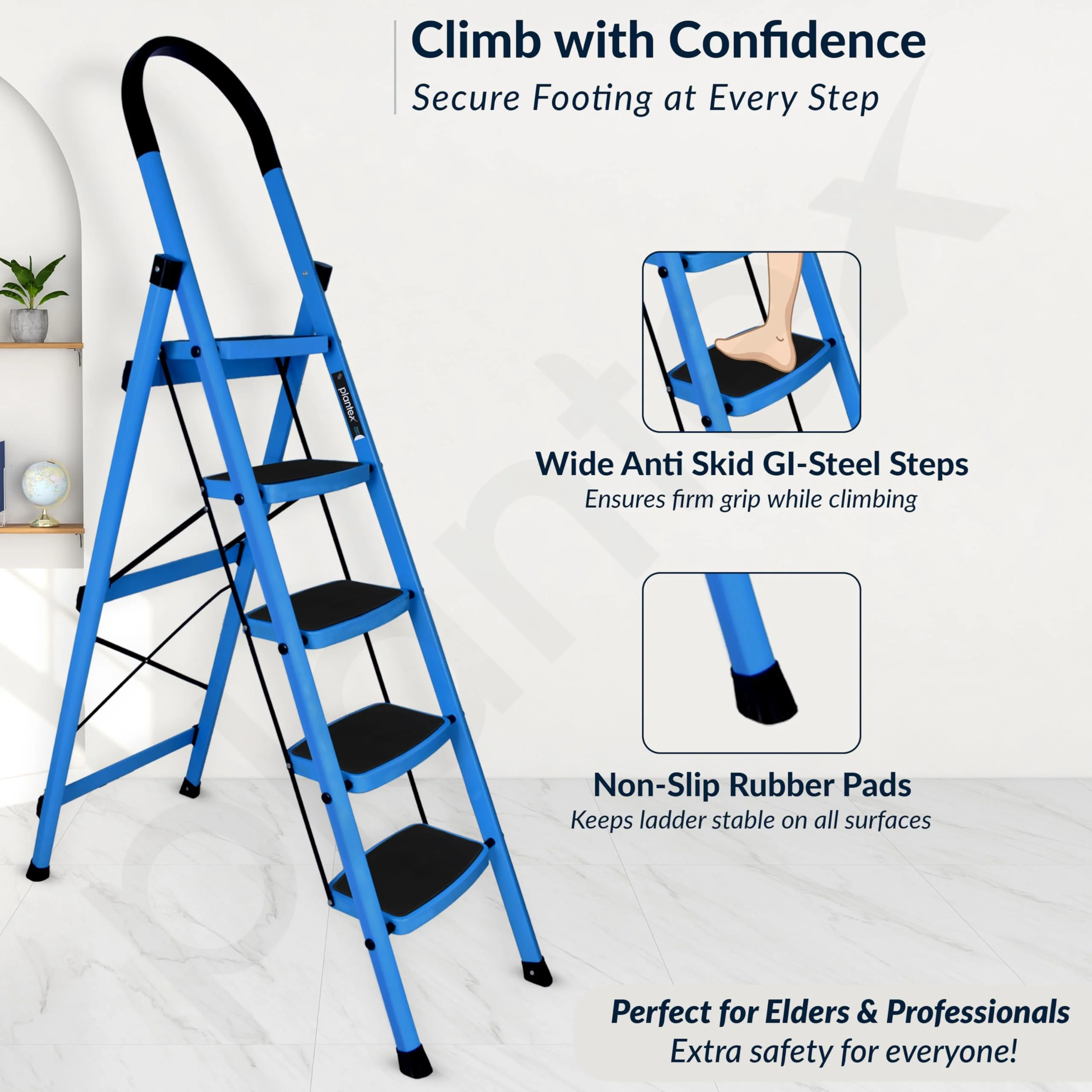 Plantex Ladder for Home - Premium Steel Foldable 5-Step Ladder - Anti Skid Strong Steps with 5 Years Manufacturer Warranty (Blue & Black) - Image 3