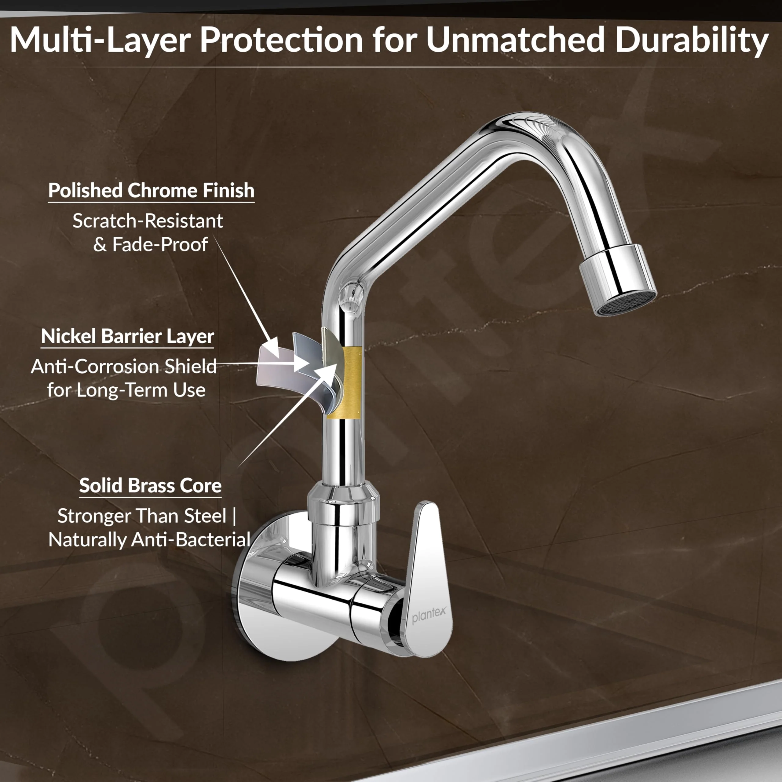 Plantex LEA-710 Pure Brass Kitchen Sink Tap with Brass Wall Flange and Teflon Tape/360° Swivel Spout Tap for Kitchen Sink -7 Year Warranty by Plantex (Mirror Chrome) - Image 6