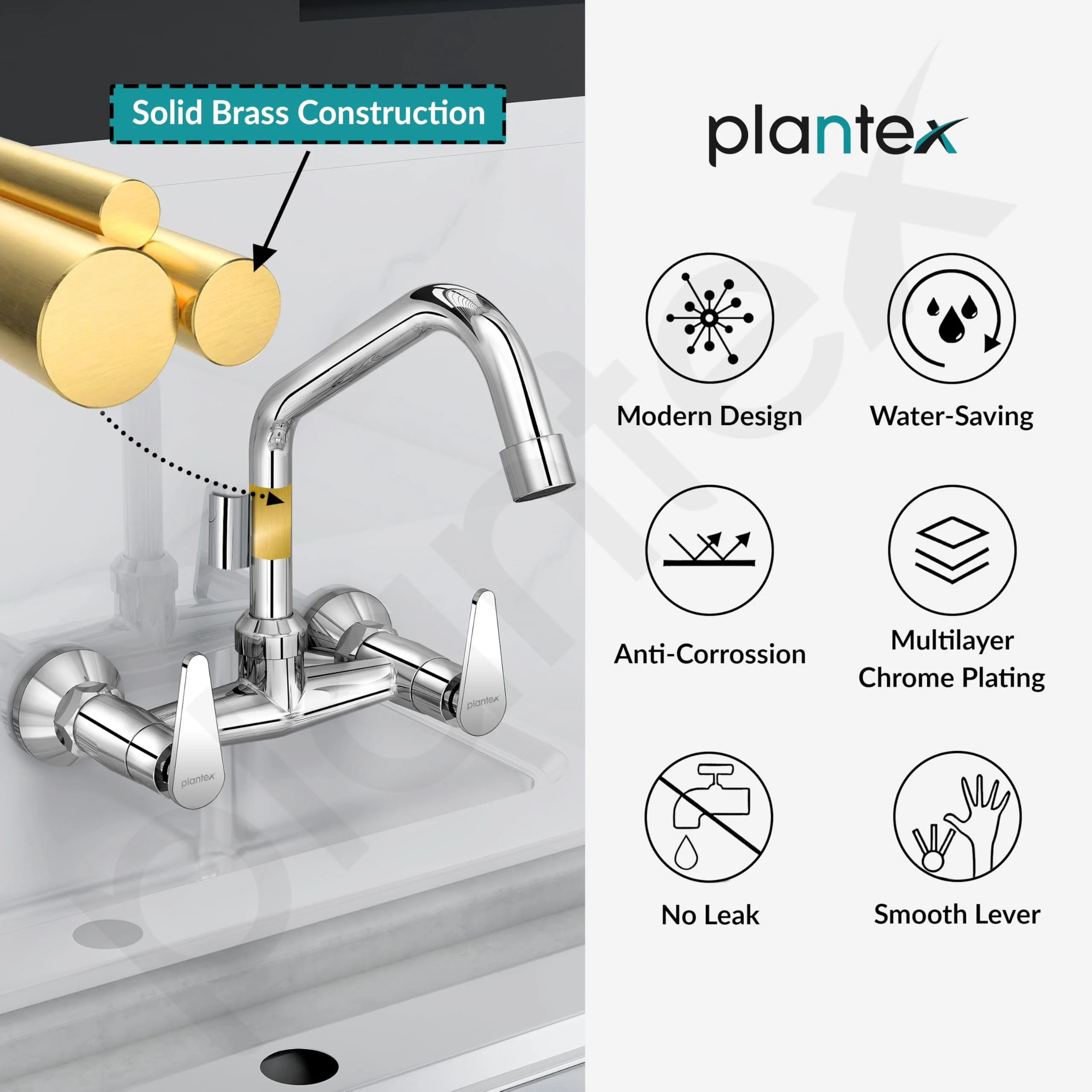 Plantex LEA-714 Pure Brass Sink Mixer Tap Hot and Cold/Kitchen Sink Tap/Mixer Tap for Kitchen Sink with Brass Wall Flange and Teflon Tape- (LEA-714 -Chrome) - Image 7